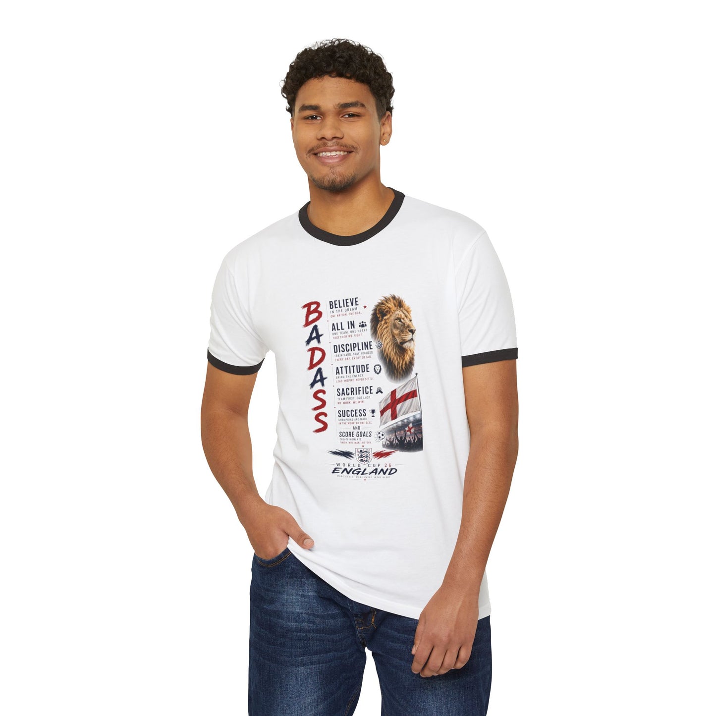 Badass England Ringer T-Shirt — Motivational Lion & St. George Flag Tee
