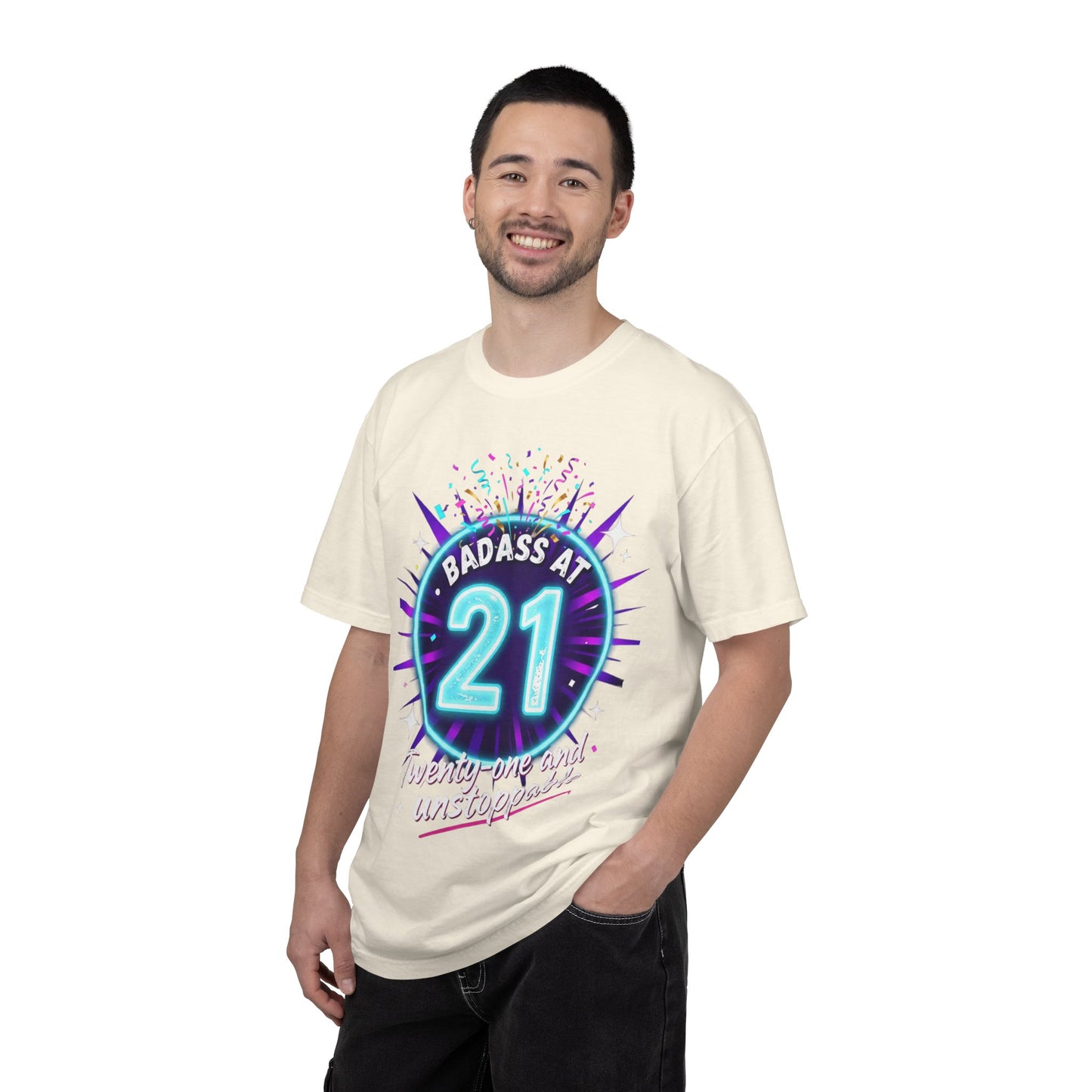 21st Birthday T-Shirt — "Badass at 21" Neon Party Tee