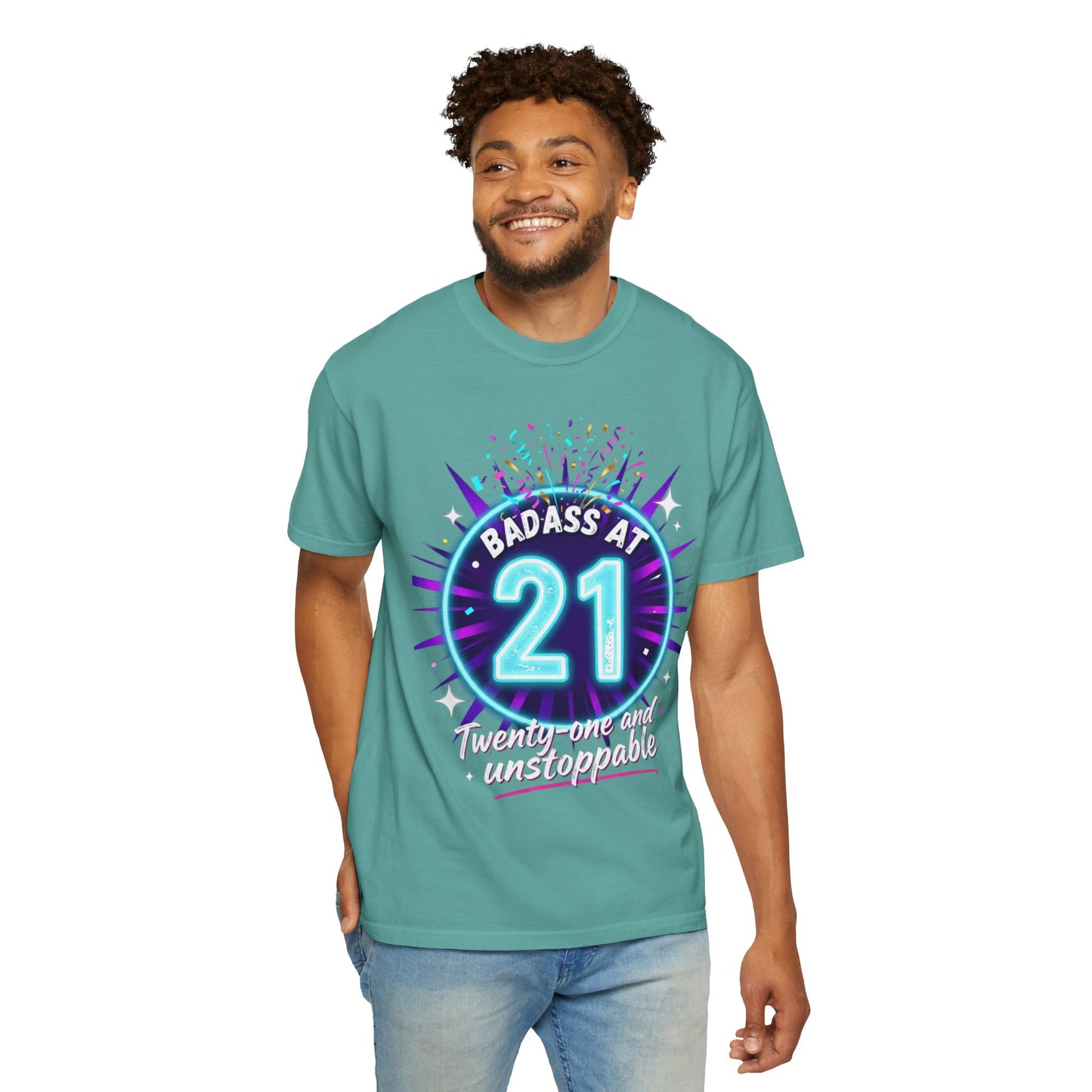 21st Birthday T-Shirt — "Badass at 21" Neon Party Tee