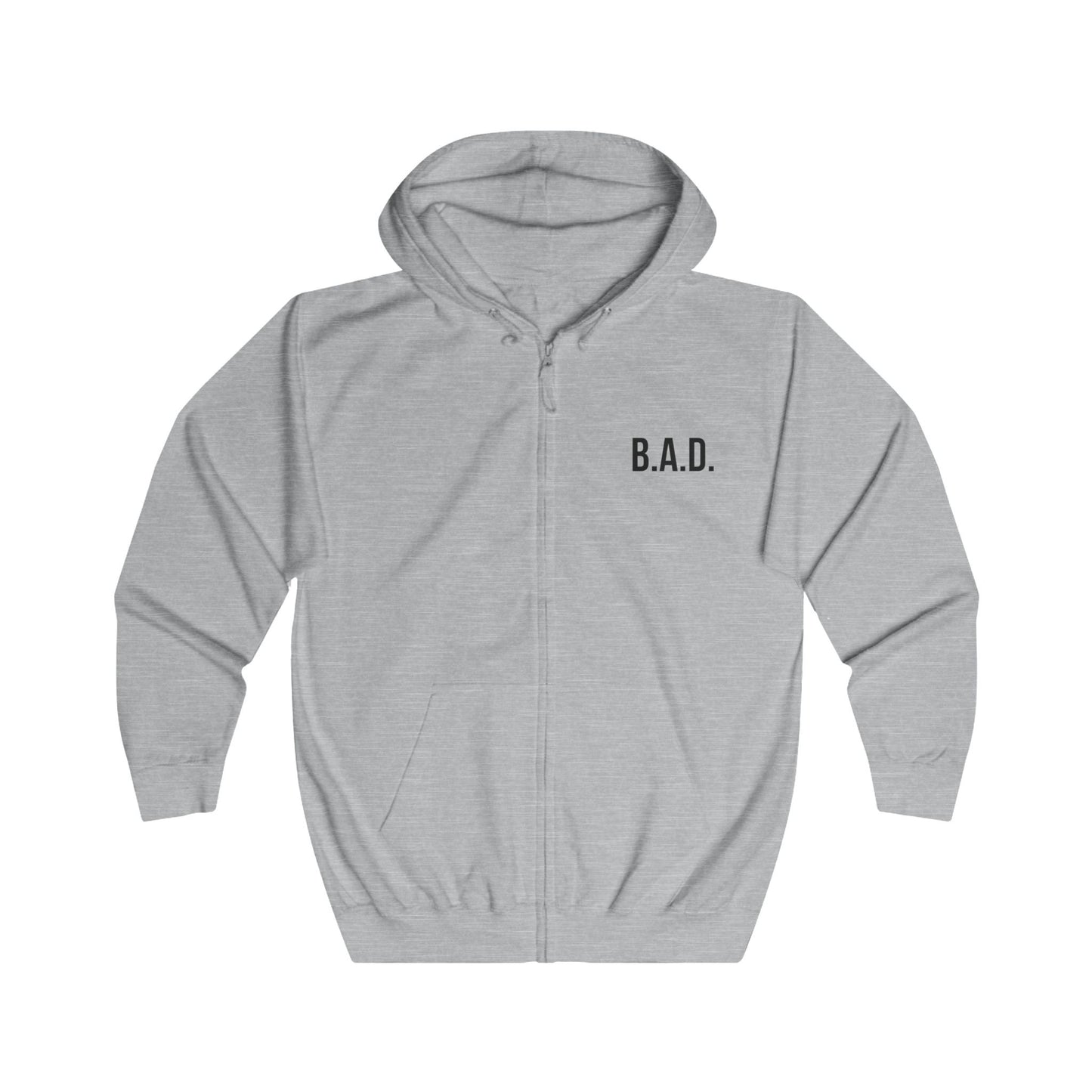 B.A.D. Front / A.S.S. Back Zip Hoodie — Funny Minimalist White Full-Zip Hoodie