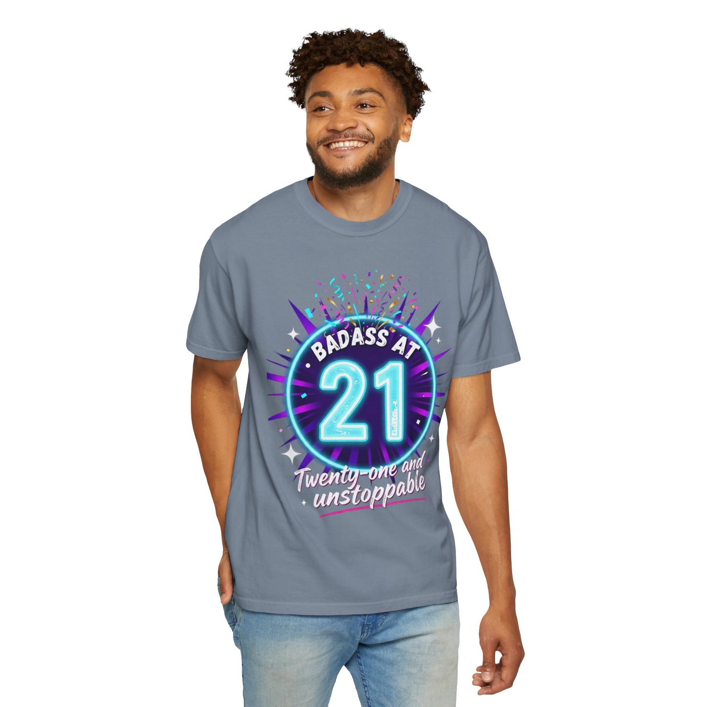 21st Birthday T-Shirt — "Badass at 21" Neon Party Tee