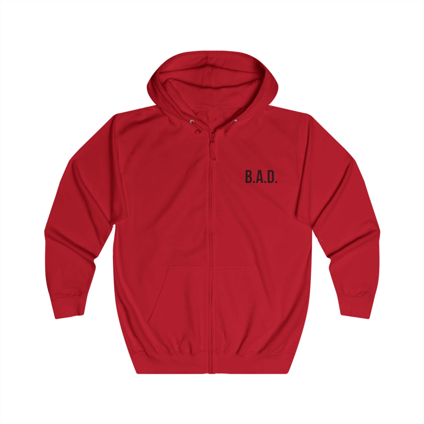 B.A.D. Front / A.S.S. Back Zip Hoodie — Funny Minimalist White Full-Zip Hoodie