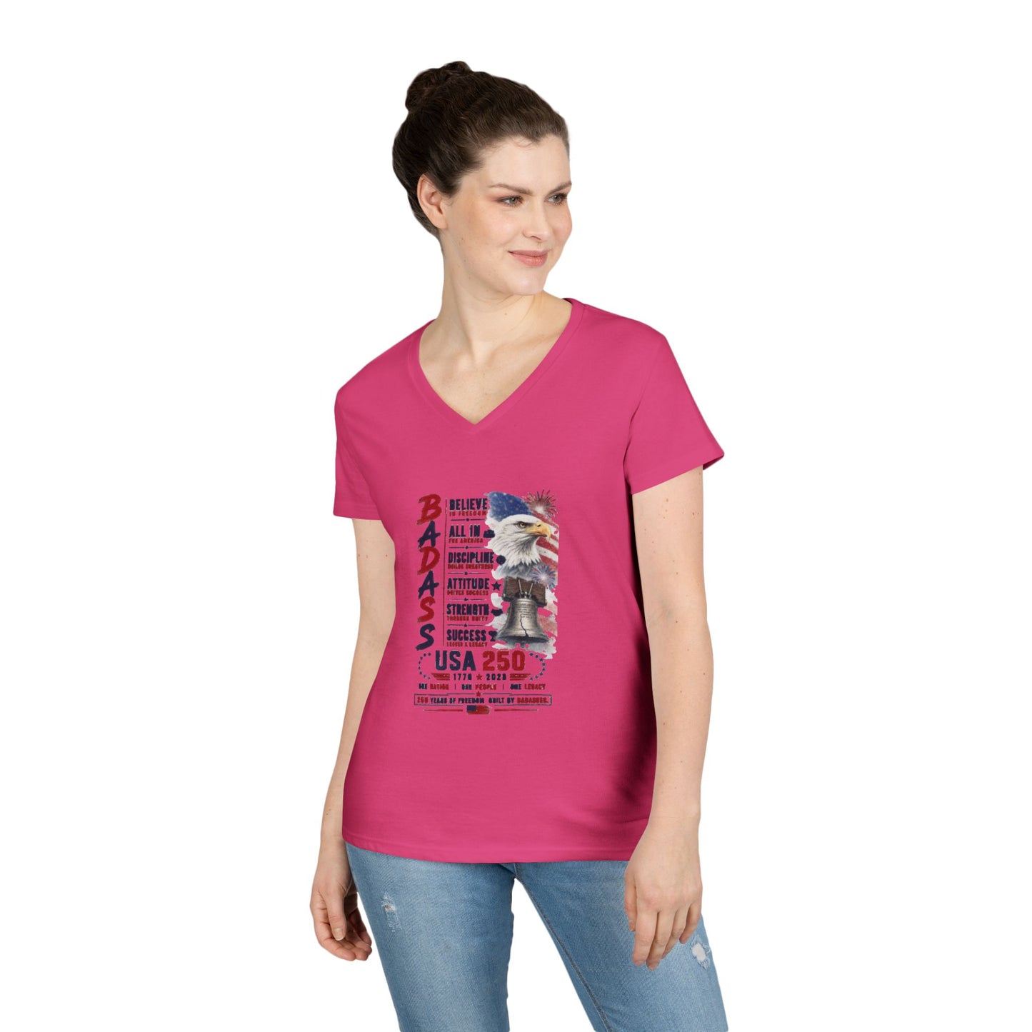 BADASS V-Neck Tee —  USA 250 years Motivational Women’s Graphic T-Shirt with 'BADASS' Inspo