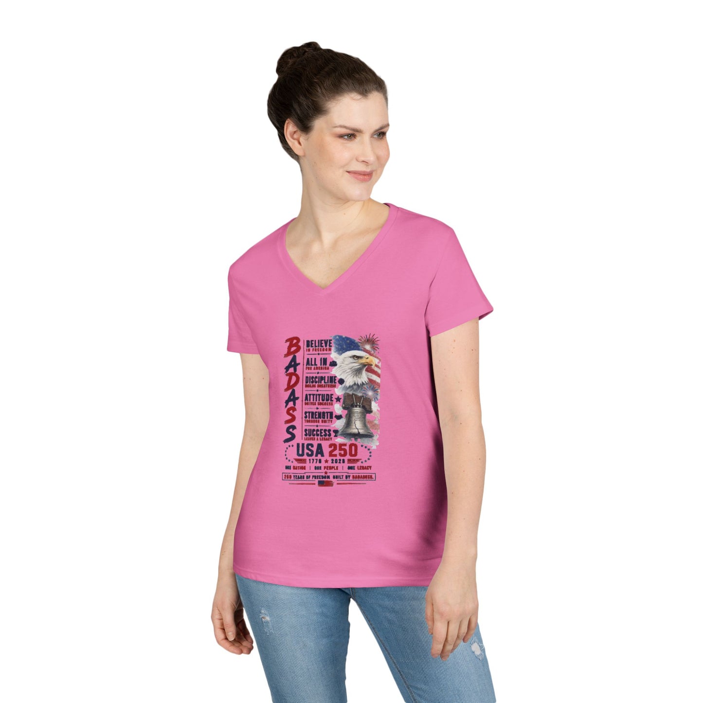 BADASS V-Neck Tee —  USA 250 years Motivational Women’s Graphic T-Shirt with 'BADASS' Inspo