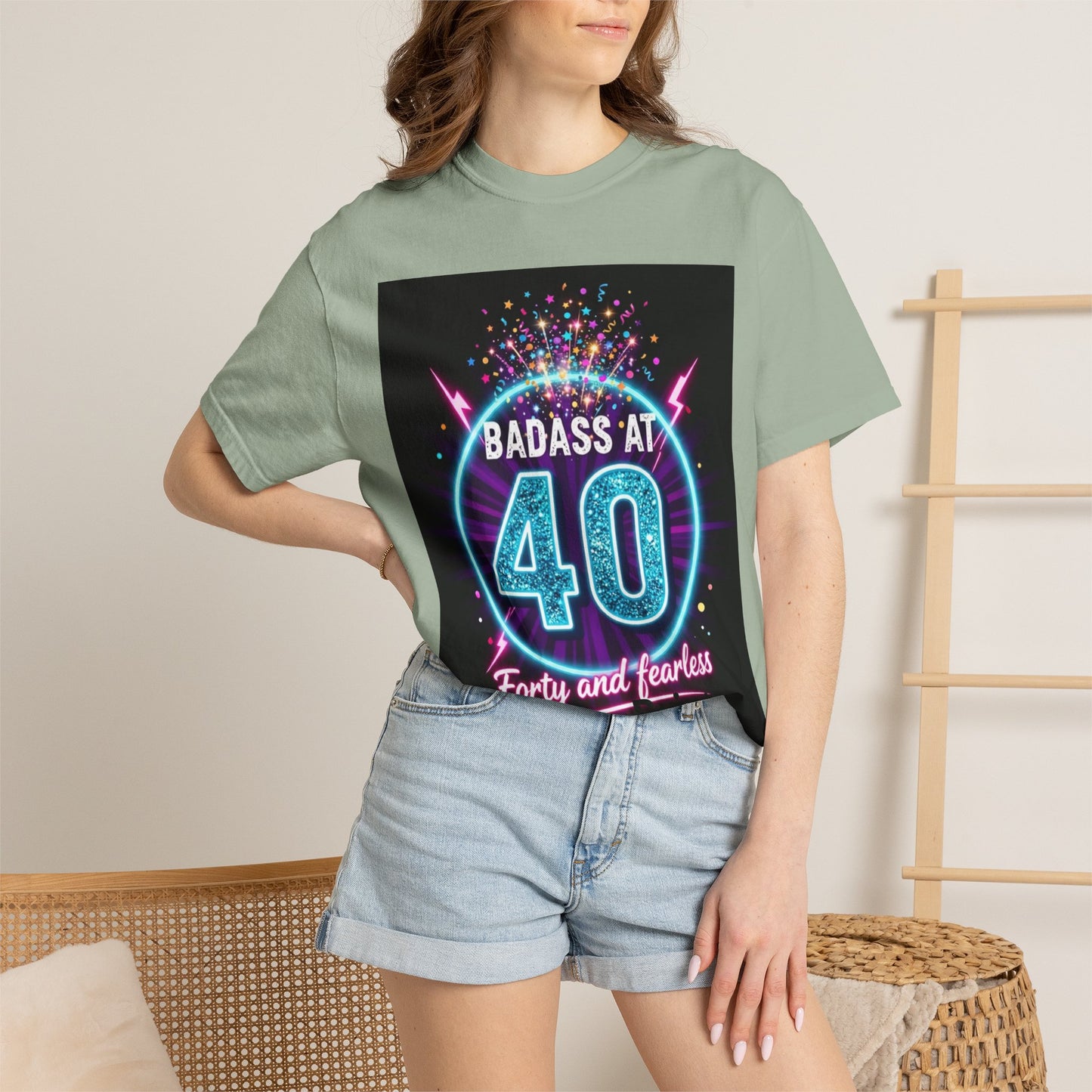 Badass at 40 T-Shirt — Forty and Fearless Neon Birthday Tee