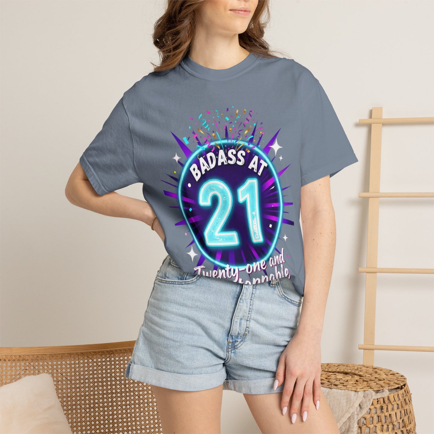 21st Birthday T-Shirt — "Badass at 21" Neon Party Tee