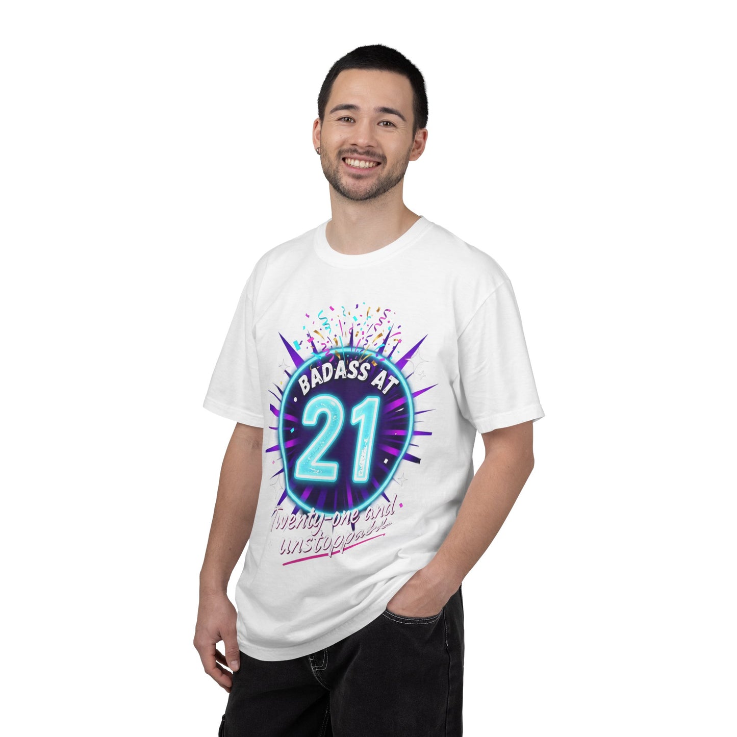 21st Birthday T-Shirt — "Badass at 21" Neon Party Tee