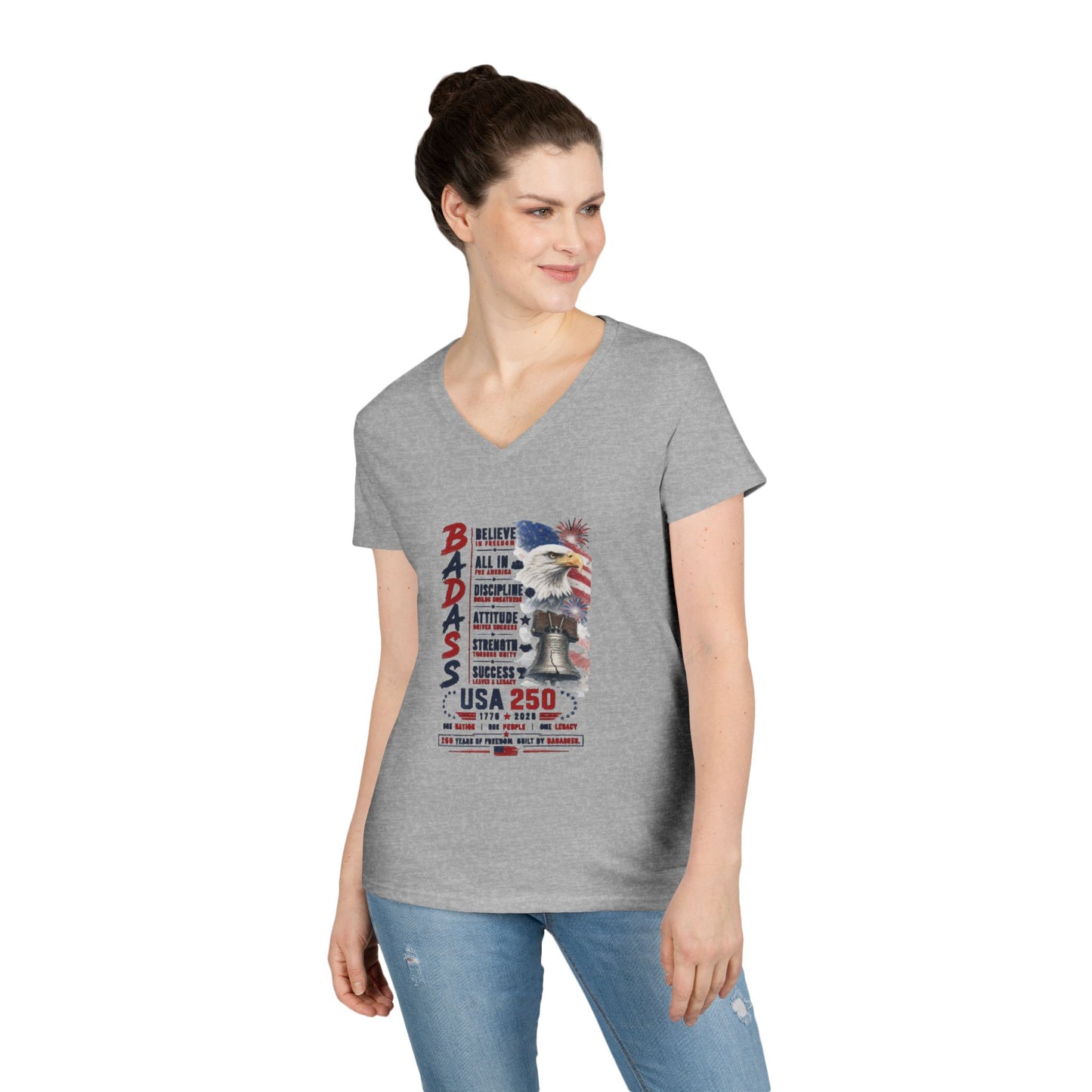 BADASS V-Neck Tee —  USA 250 years Motivational Women’s Graphic T-Shirt with 'BADASS' Inspo