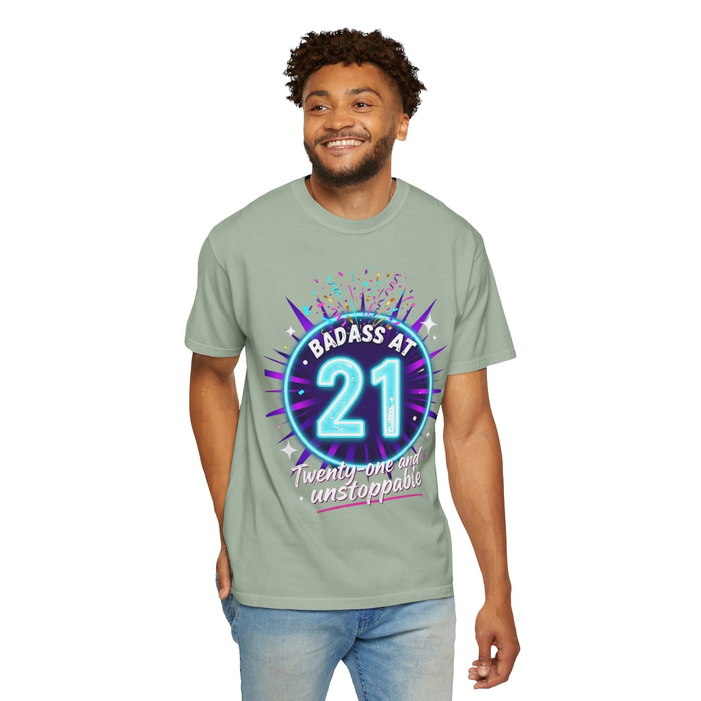 21st Birthday T-Shirt — "Badass at 21" Neon Party Tee