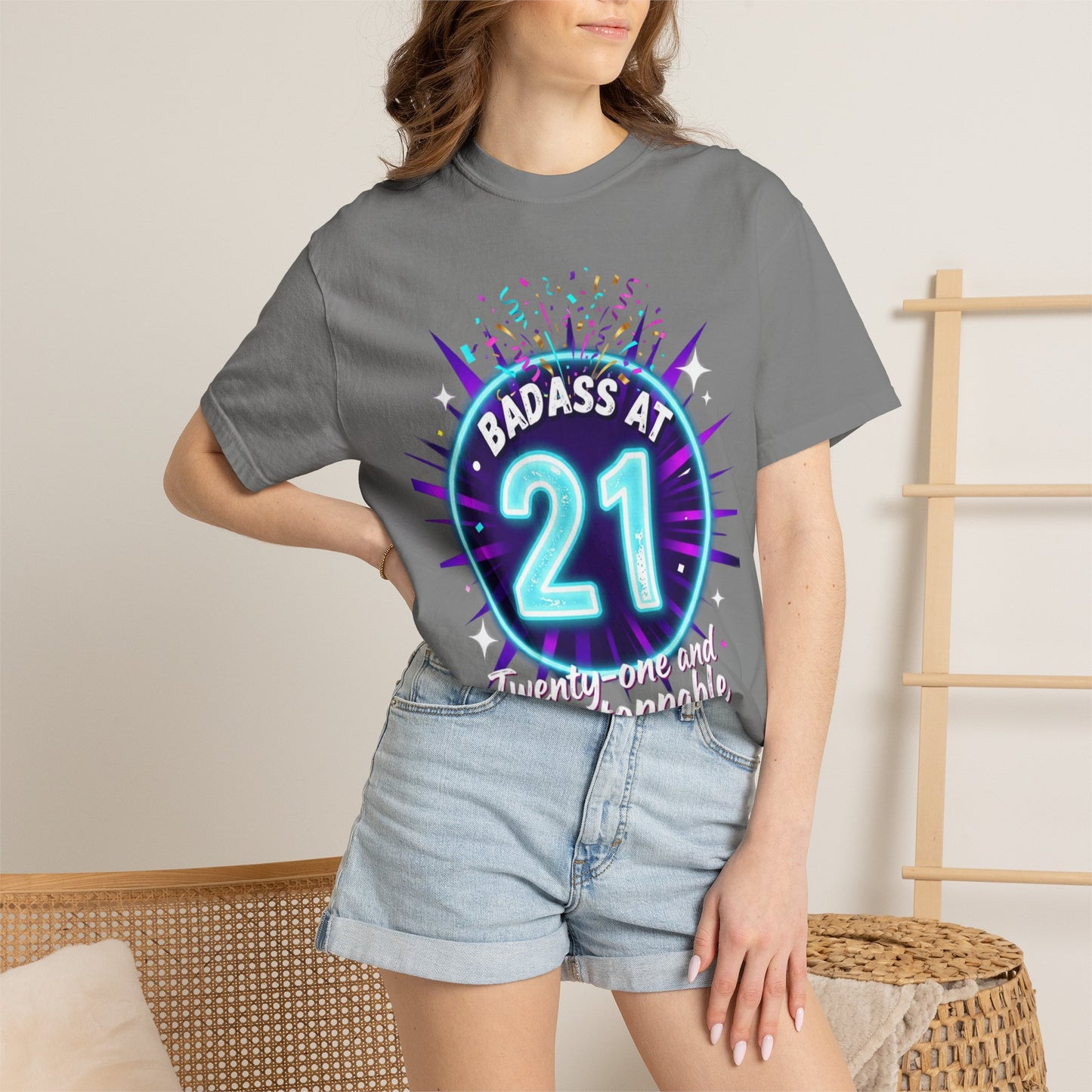 21st Birthday T-Shirt — "Badass at 21" Neon Party Tee