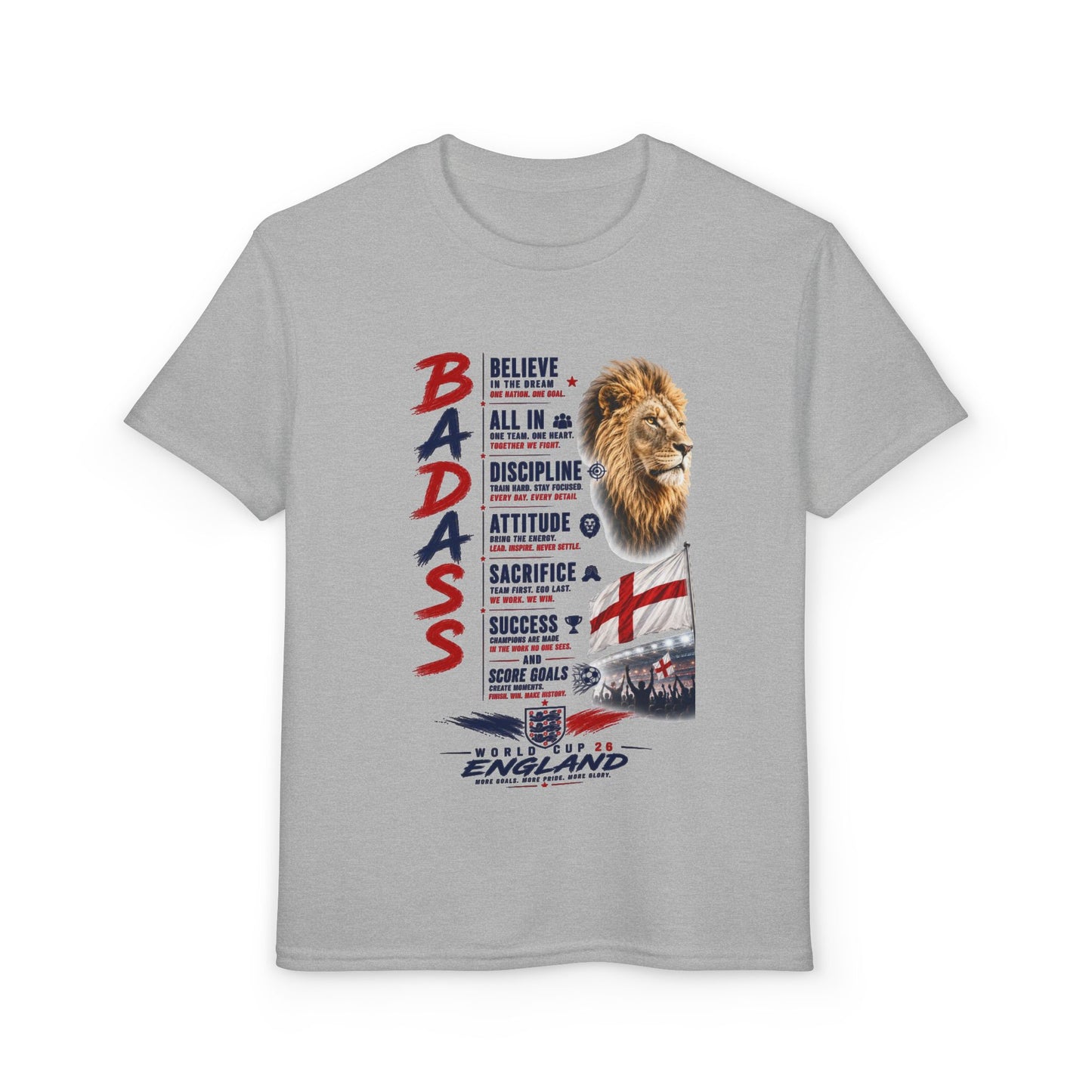Youth 'Badass' Lion England Motivational T‑Shirt — Inspirational Sports Tee for Kids