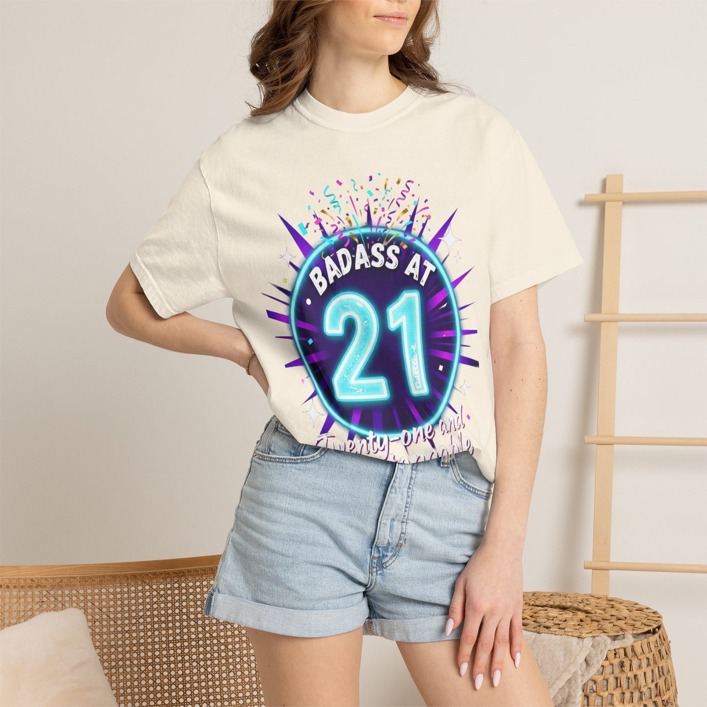 21st Birthday T-Shirt — "Badass at 21" Neon Party Tee