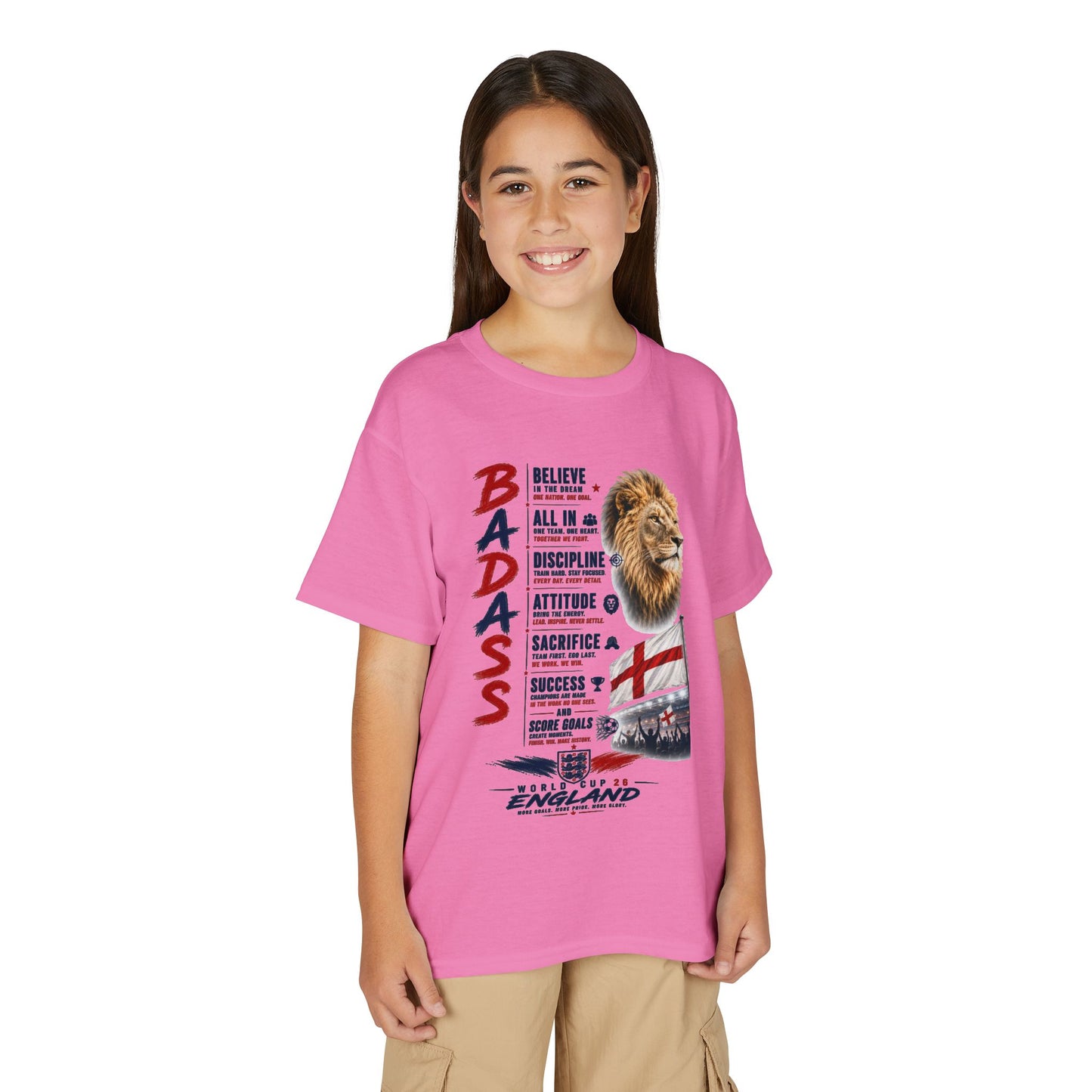 Youth 'Badass' Lion England Motivational T‑Shirt — Inspirational Sports Tee for Kids