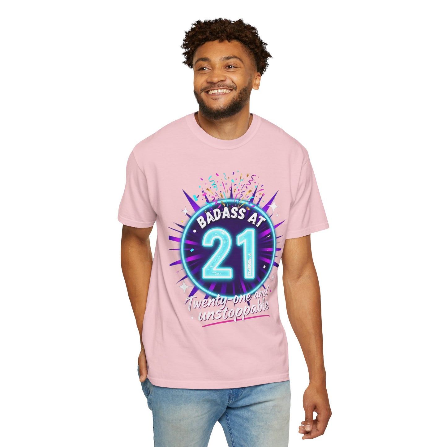 21st Birthday T-Shirt — "Badass at 21" Neon Party Tee