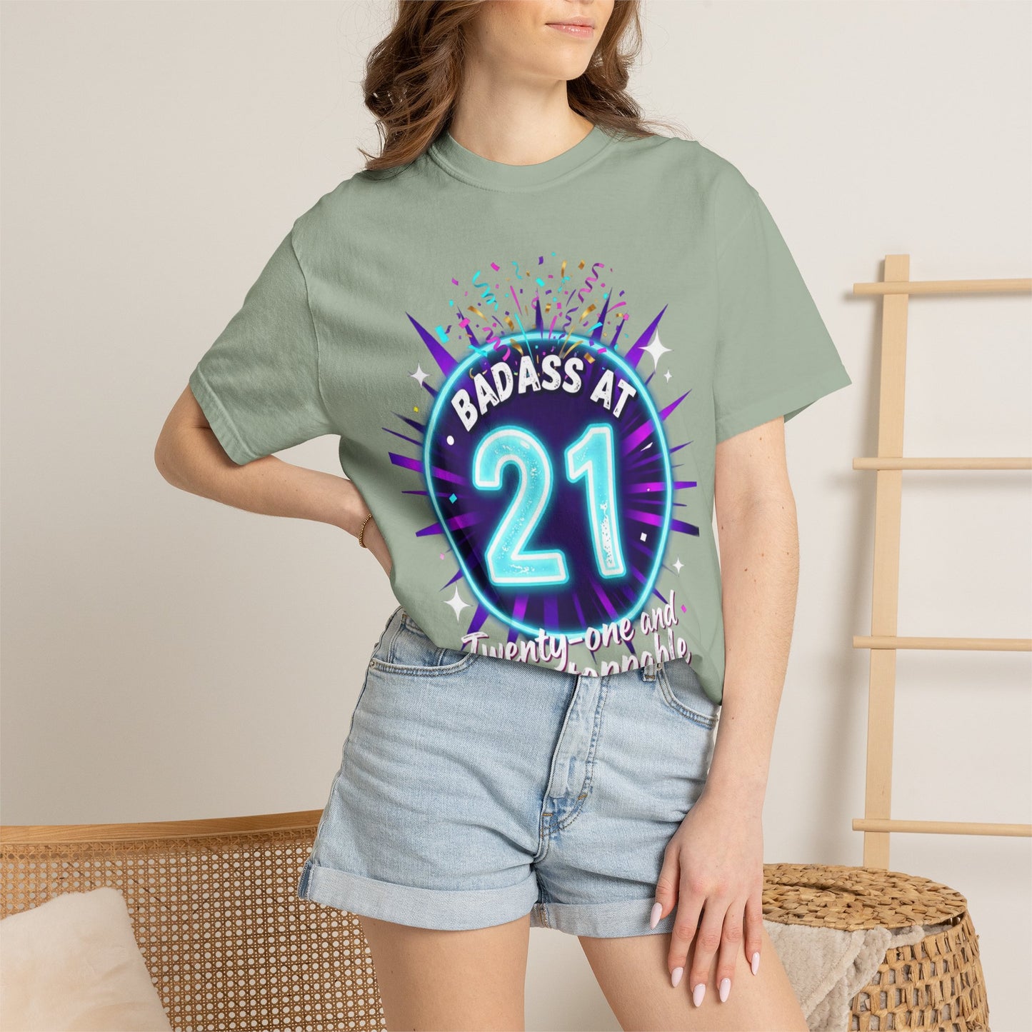 21st Birthday T-Shirt — "Badass at 21" Neon Party Tee