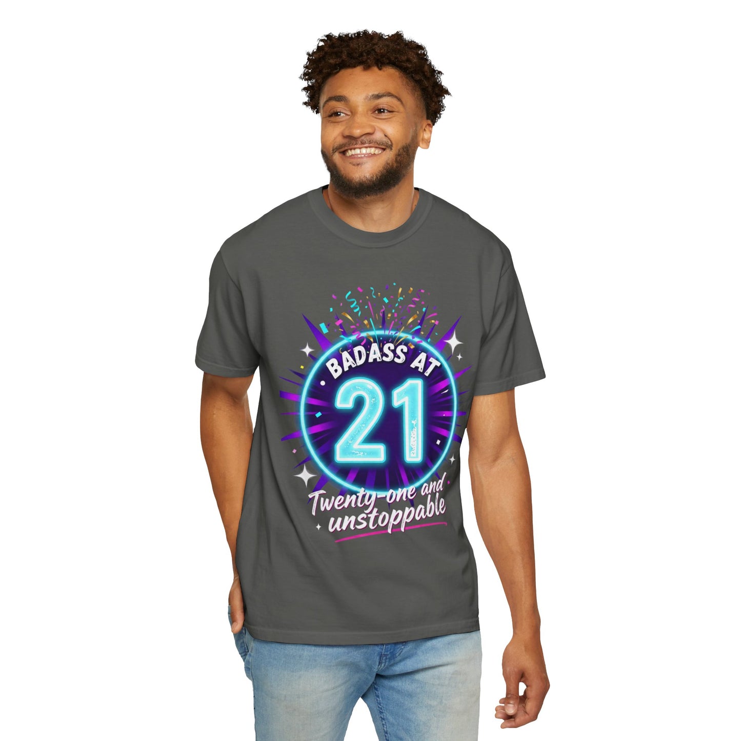 21st Birthday T-Shirt — "Badass at 21" Neon Party Tee