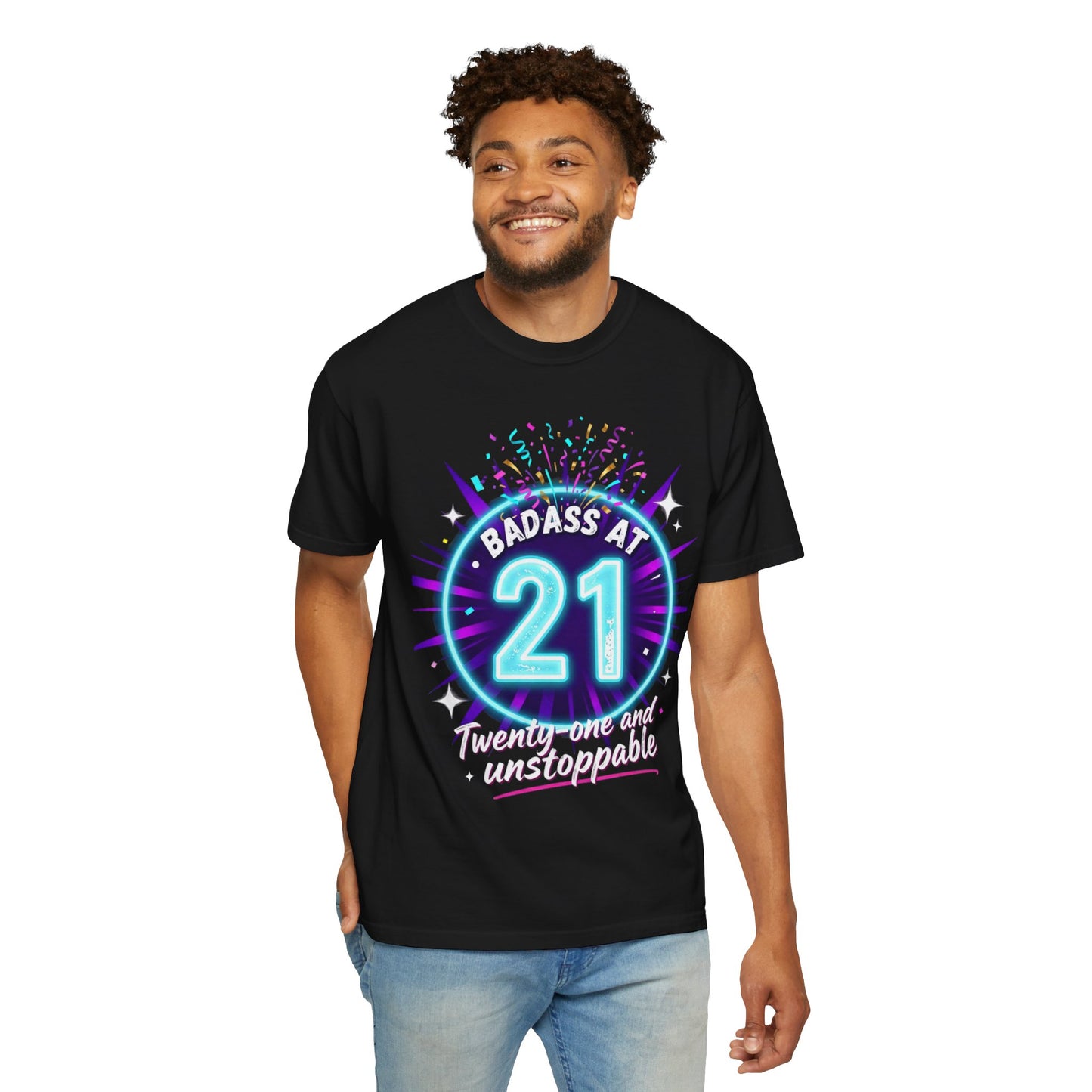 21st Birthday T-Shirt — "Badass at 21" Neon Party Tee