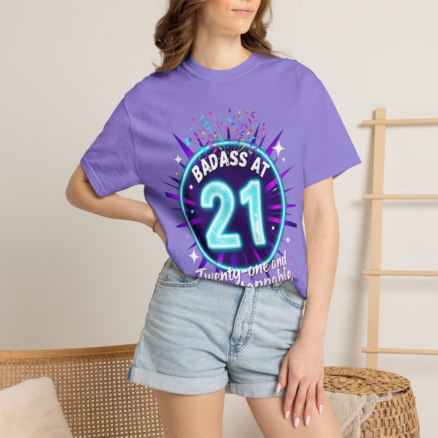 21st Birthday T-Shirt — "Badass at 21" Neon Party Tee