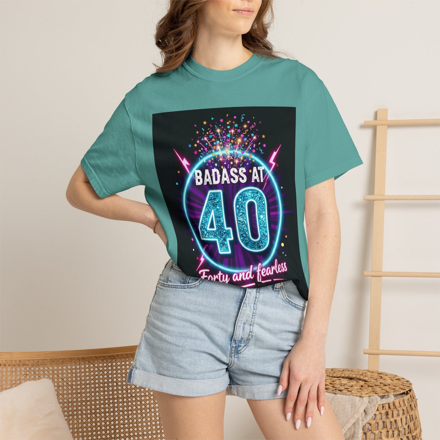 Badass at 40 T-Shirt — Forty and Fearless Neon Birthday Tee