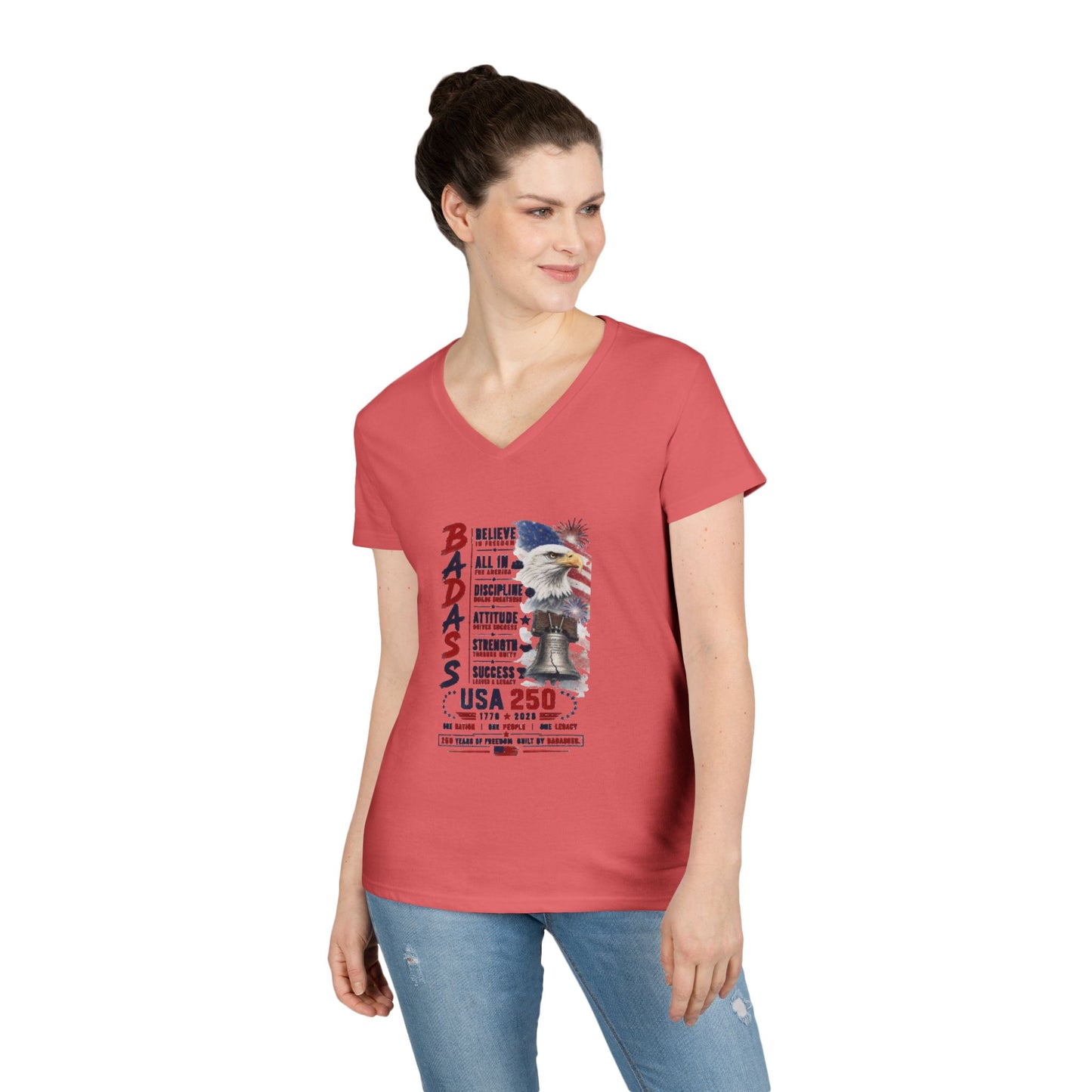 BADASS V-Neck Tee —  USA 250 years Motivational Women’s Graphic T-Shirt with 'BADASS' Inspo