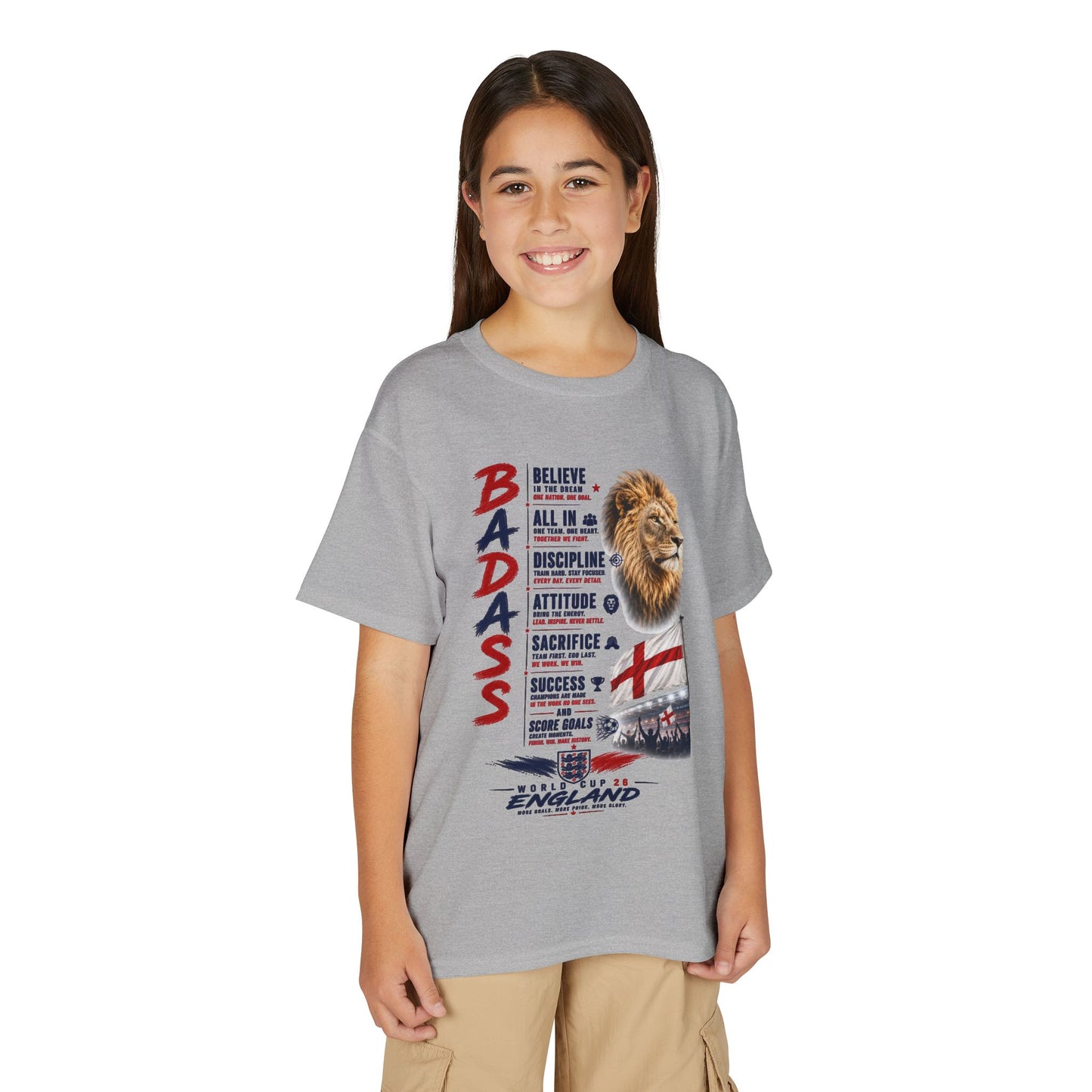Youth 'Badass' Lion England Motivational T‑Shirt — Inspirational Sports Tee for Kids