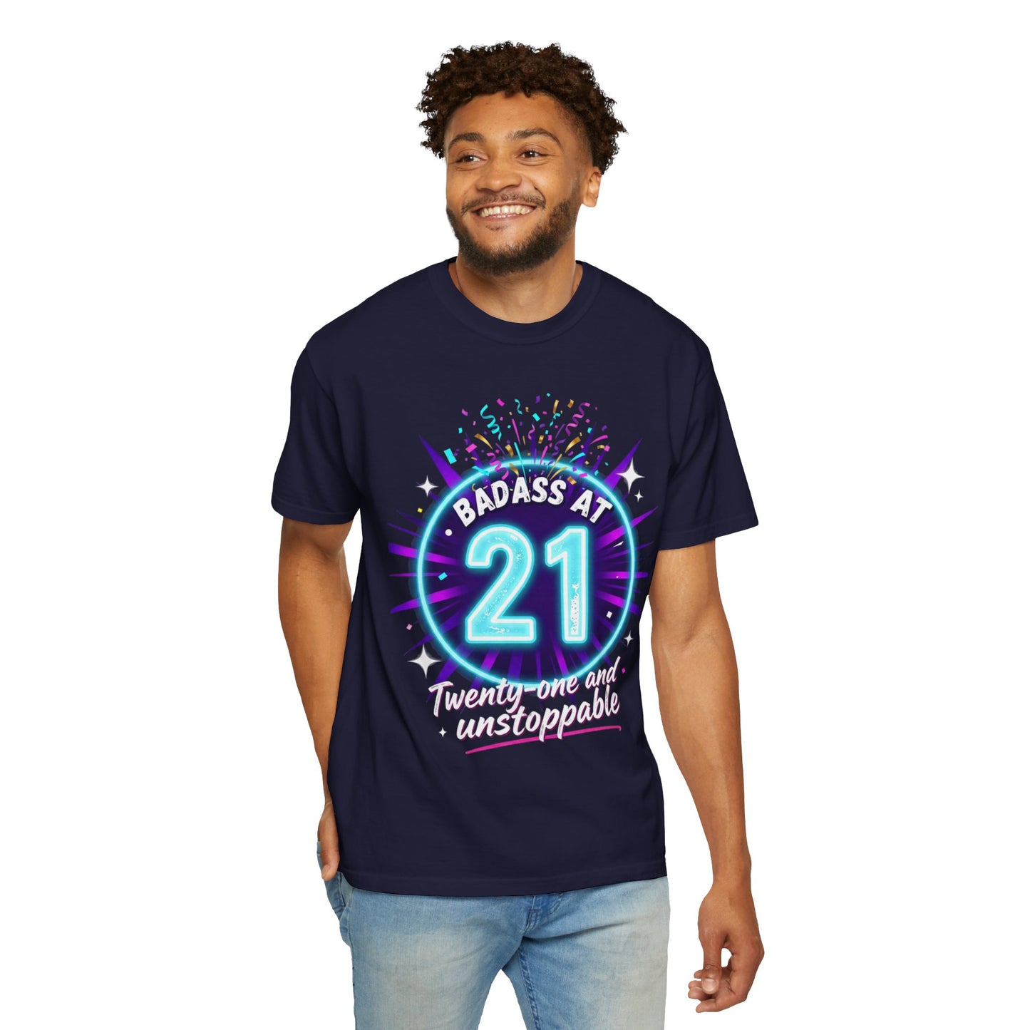 21st Birthday T-Shirt — "Badass at 21" Neon Party Tee