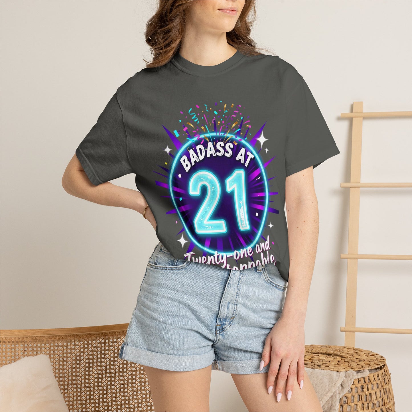 21st Birthday T-Shirt — "Badass at 21" Neon Party Tee