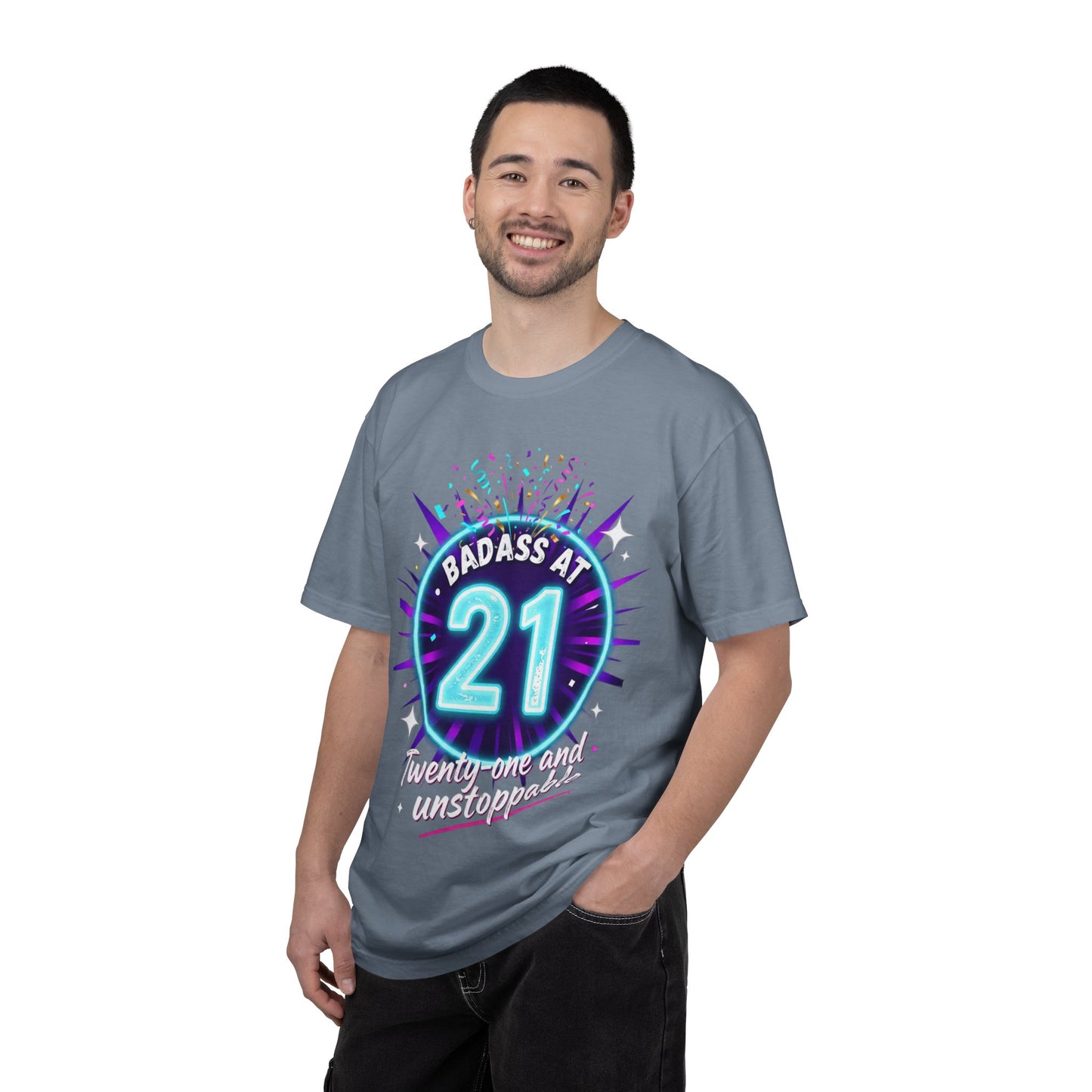 21st Birthday T-Shirt — "Badass at 21" Neon Party Tee