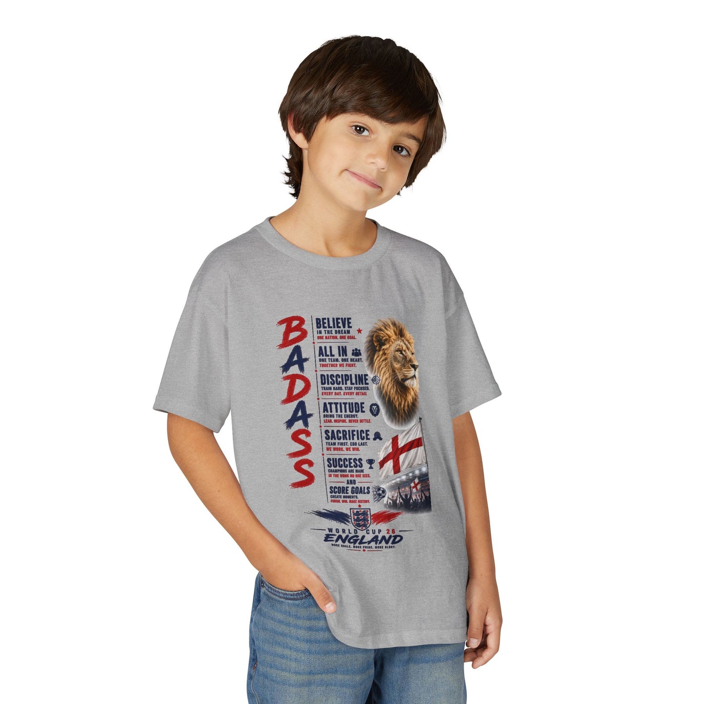 Youth 'Badass' Lion England Motivational T‑Shirt — Inspirational Sports Tee for Kids
