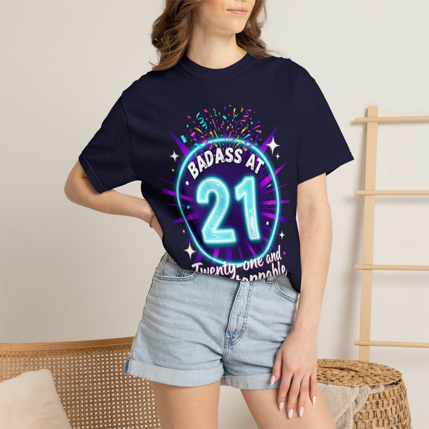 21st Birthday T-Shirt — "Badass at 21" Neon Party Tee