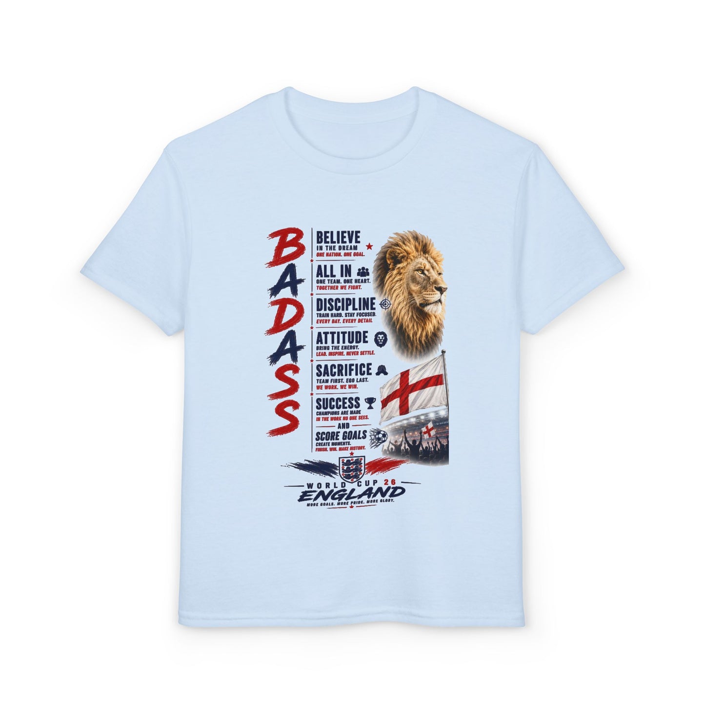 Youth 'Badass' Lion England Motivational T‑Shirt — Inspirational Sports Tee for Kids