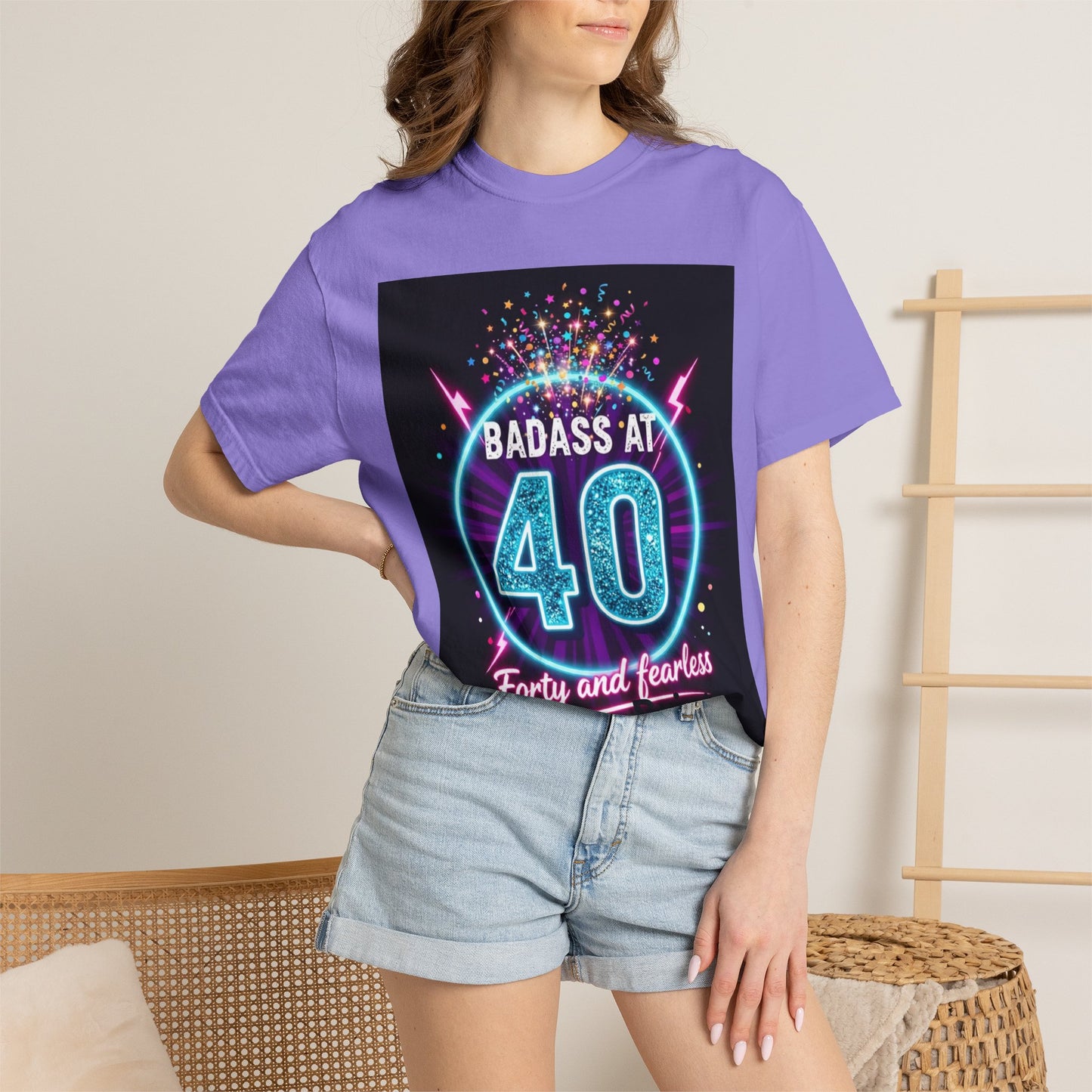 Badass at 40 T-Shirt — Forty and Fearless Neon Birthday Tee