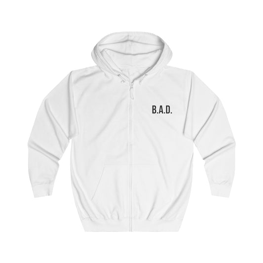 B.A.D. Front / A.S.S. Back Zip Hoodie — Funny Minimalist White Full-Zip Hoodie