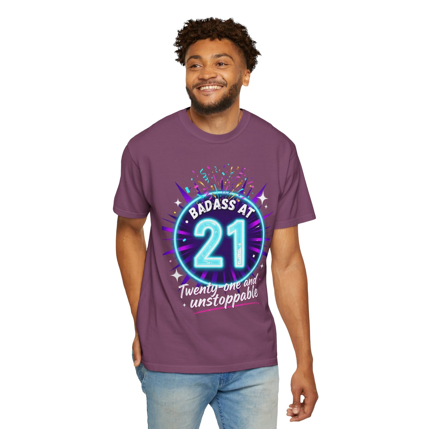 21st Birthday T-Shirt — "Badass at 21" Neon Party Tee