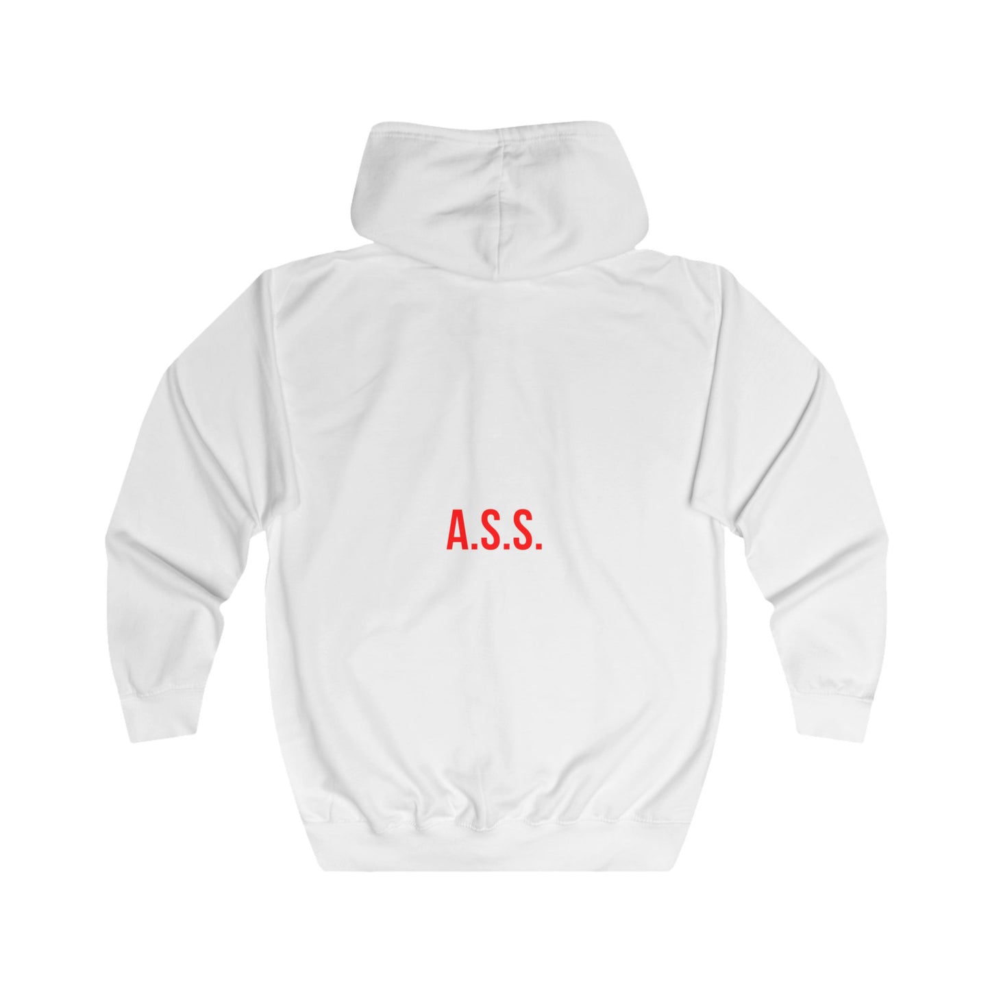 B.A.D. Front / A.S.S. Back Zip Hoodie — Funny Minimalist White Full-Zip Hoodie