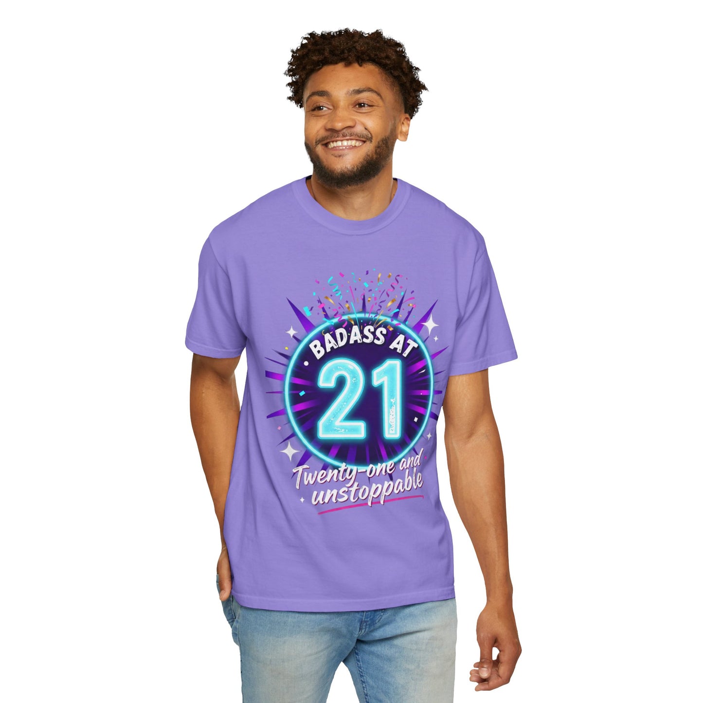21st Birthday T-Shirt — "Badass at 21" Neon Party Tee