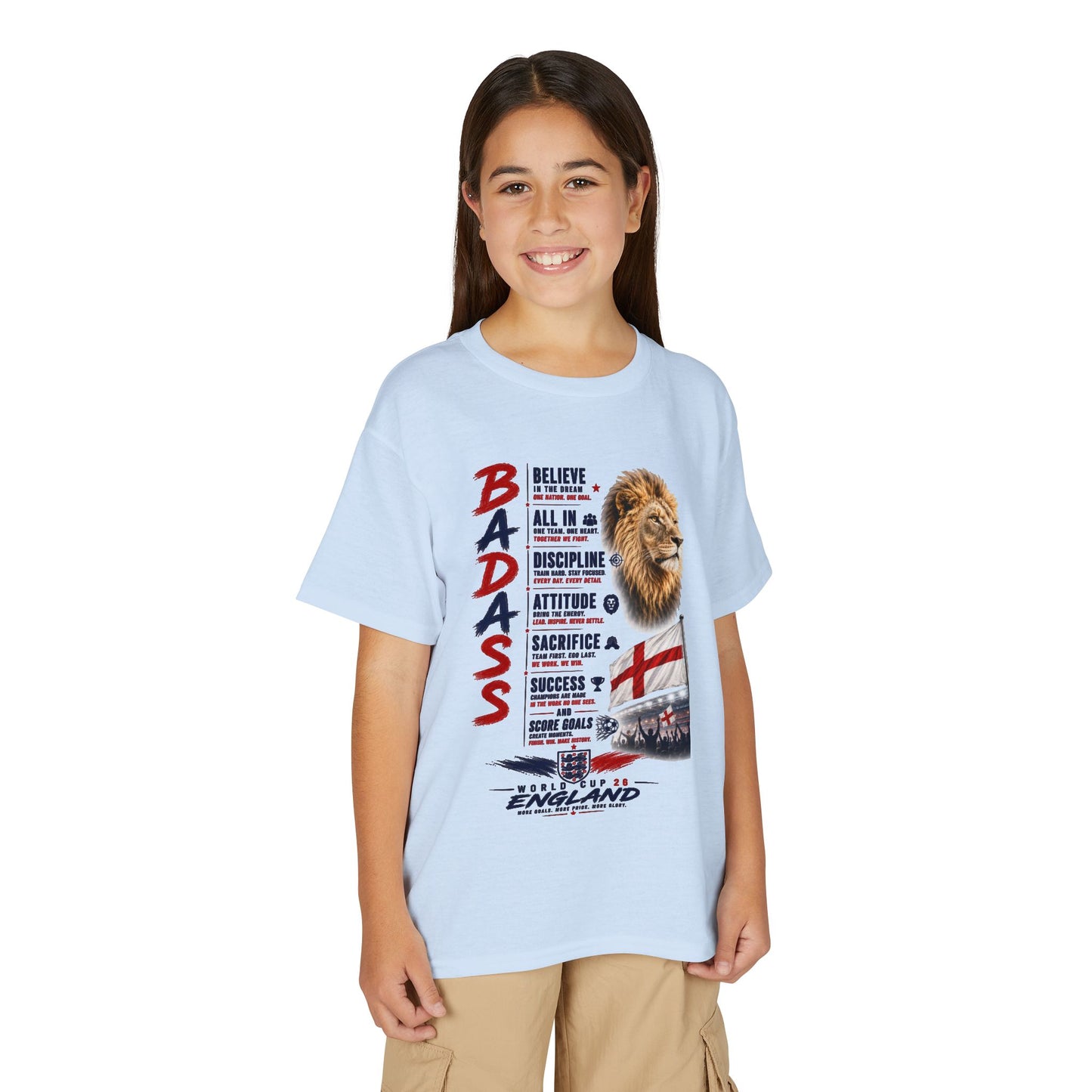 Youth 'Badass' Lion England Motivational T‑Shirt — Inspirational Sports Tee for Kids