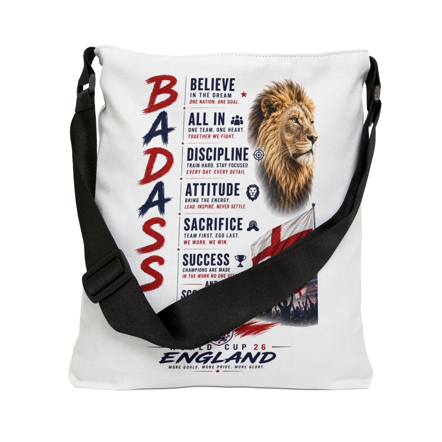 Motivational 'BADASS' Lion Adjustable Tote Bag – Inspirational Sports Quote Shoulder Bag