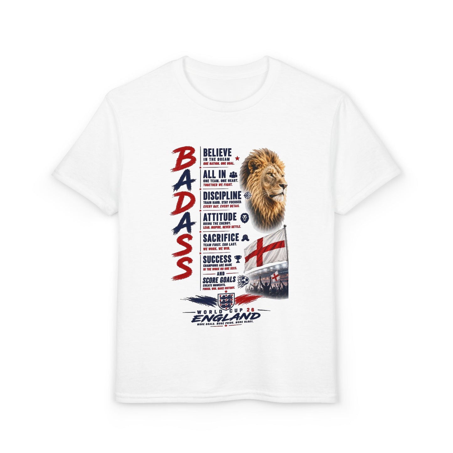 Youth 'Badass' Lion England Motivational T‑Shirt — Inspirational Sports Tee for Kids