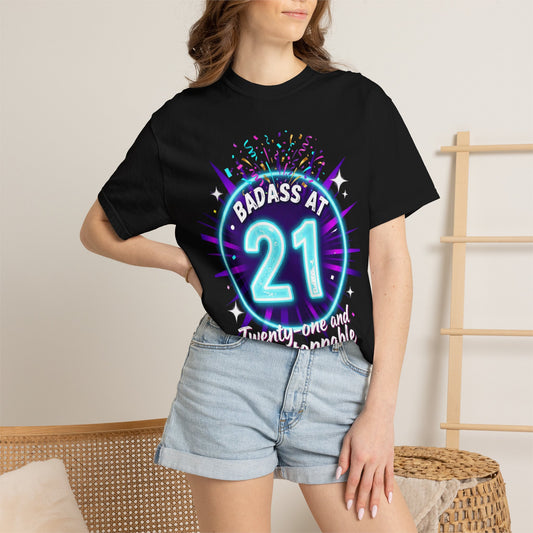 21st Birthday T-Shirt — "Badass at 21" Neon Party Tee