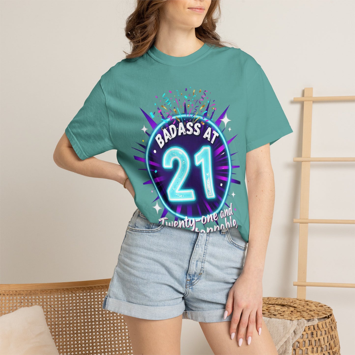21st Birthday T-Shirt — "Badass at 21" Neon Party Tee