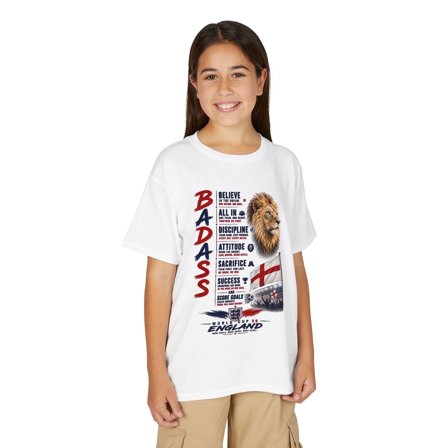 Youth 'Badass' Lion England Motivational T‑Shirt — Inspirational Sports Tee for Kids