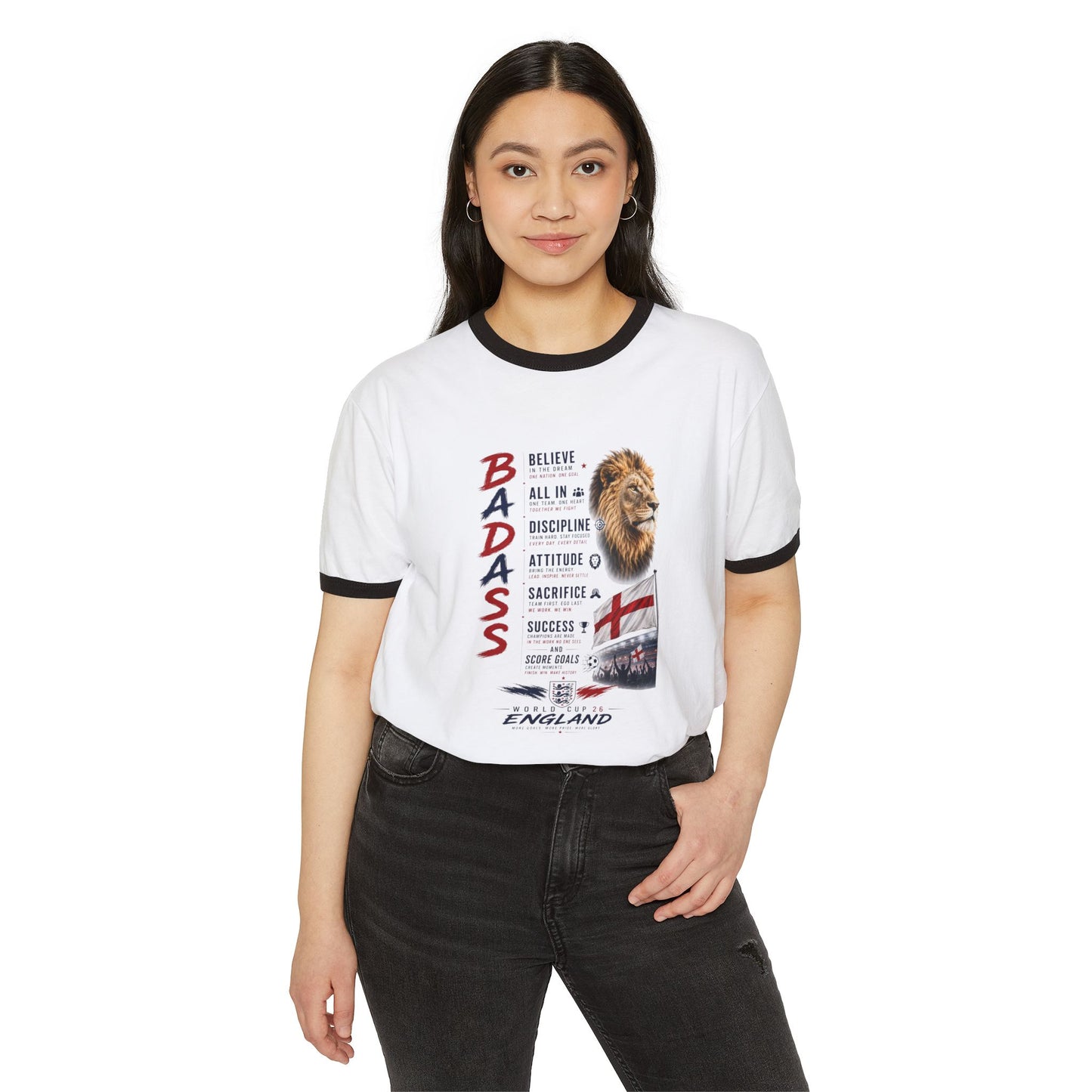 Badass England Ringer T-Shirt — Motivational Lion & St. George Flag Tee
