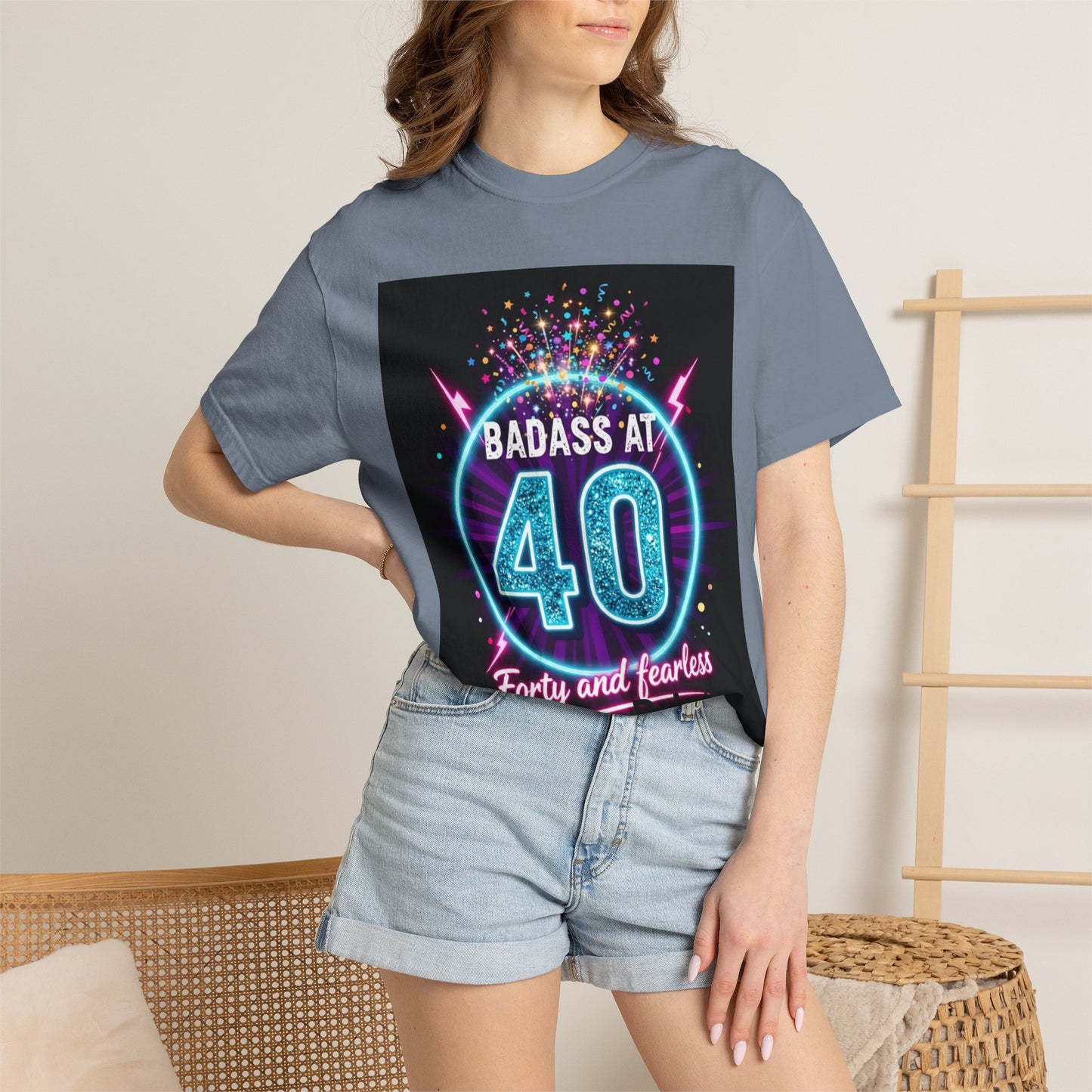 Badass at 40 T-Shirt — Forty and Fearless Neon Birthday Tee