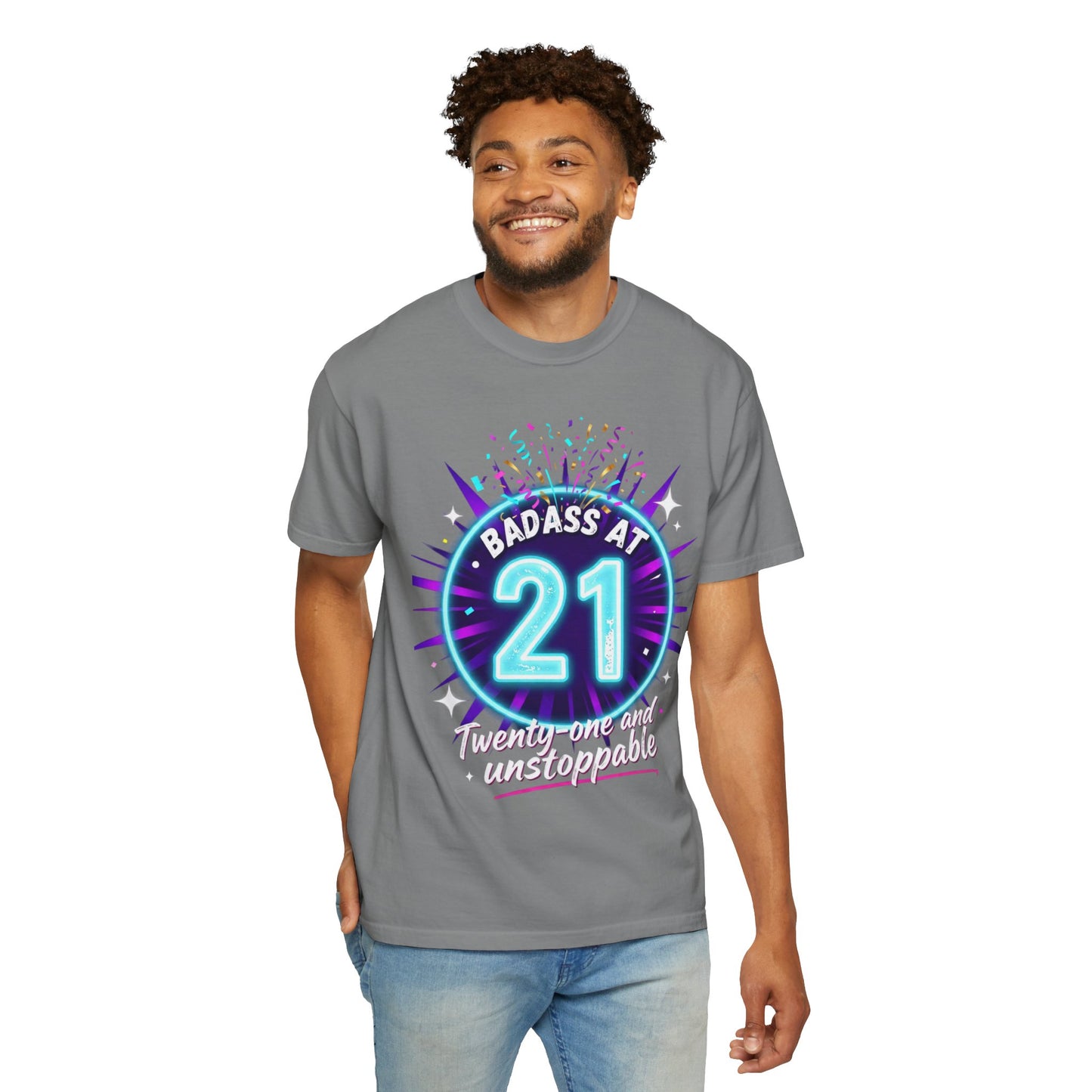 21st Birthday T-Shirt — "Badass at 21" Neon Party Tee