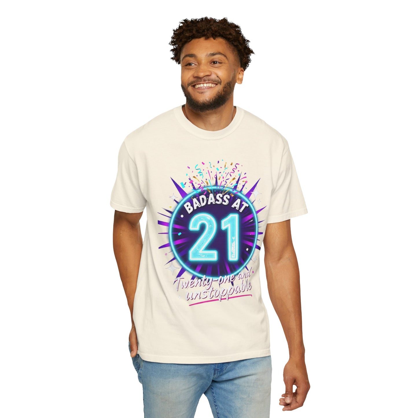21st Birthday T-Shirt — "Badass at 21" Neon Party Tee