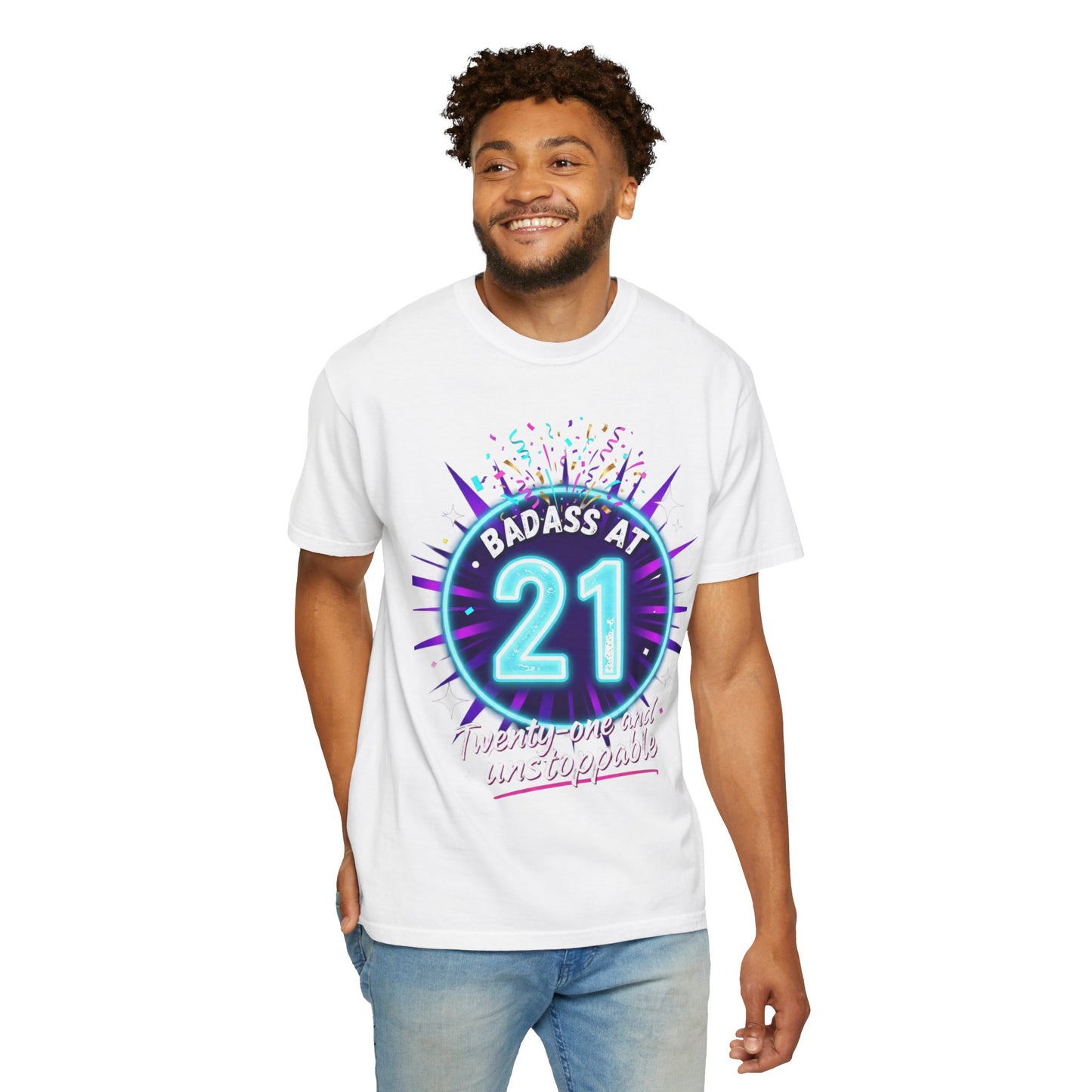 21st Birthday T-Shirt — "Badass at 21" Neon Party Tee