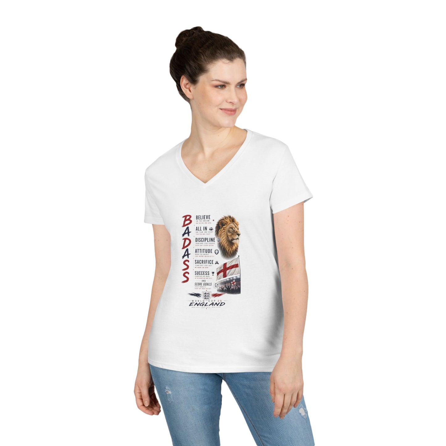 BADASS V-Neck Tee — Motivational Women’s Graphic T-Shirt with 'BADASS' Inspo