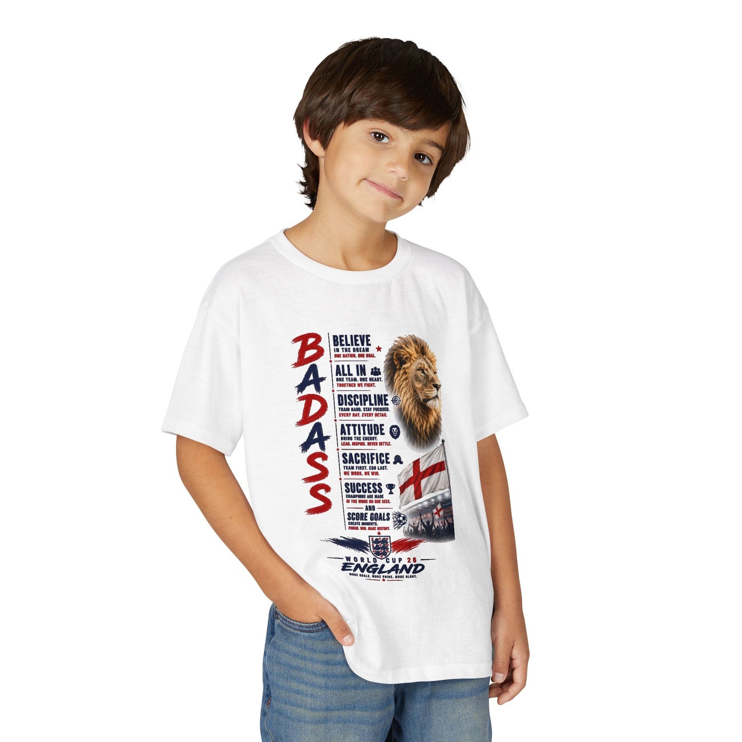 Youth 'Badass' Lion England Motivational T‑Shirt — Inspirational Sports Tee for Kids