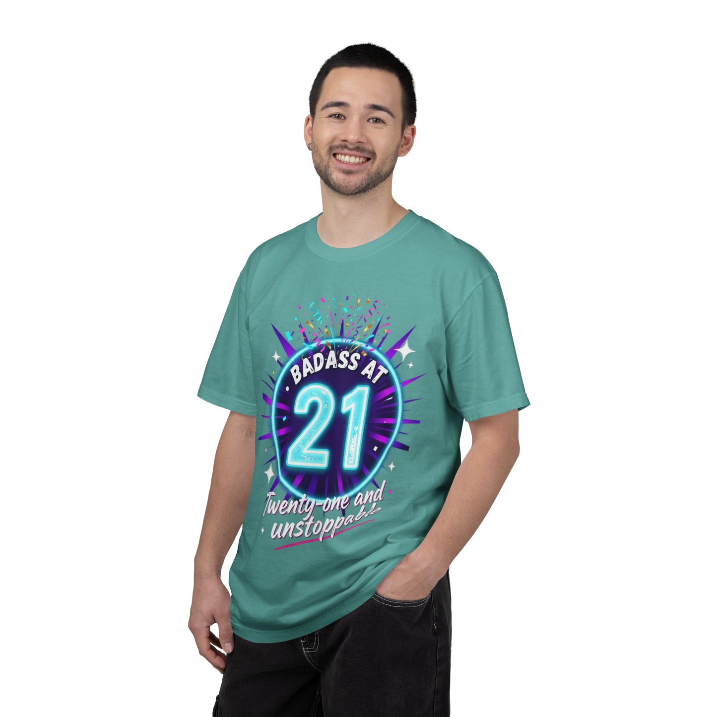 21st Birthday T-Shirt — "Badass at 21" Neon Party Tee